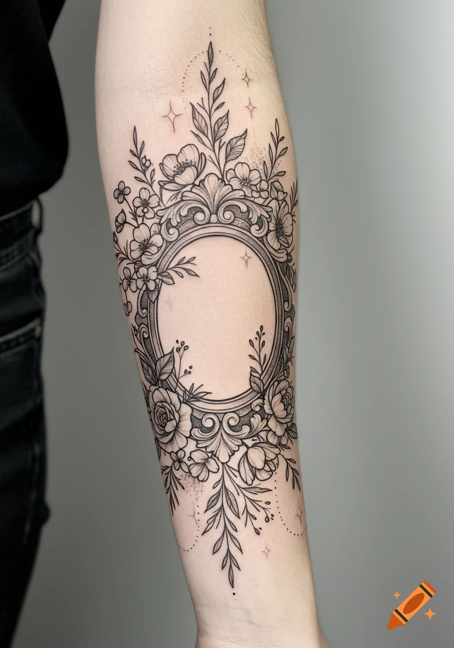 Detailed black and grey forearm tattoo of a vintage gothic floral frame with roses, wildflowers, and leafy vines in fine linework.