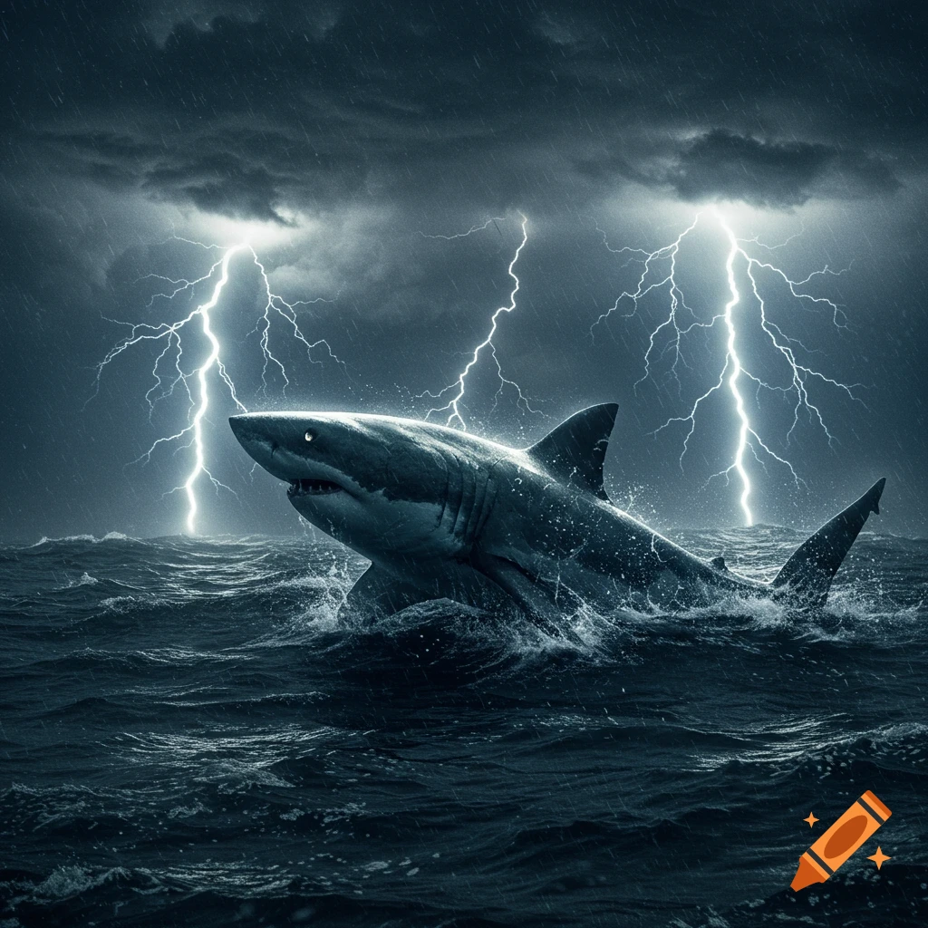 A dramatic great white shark breaches stormy ocean waves under a dark, rainy sky with multiple lightning strikes.