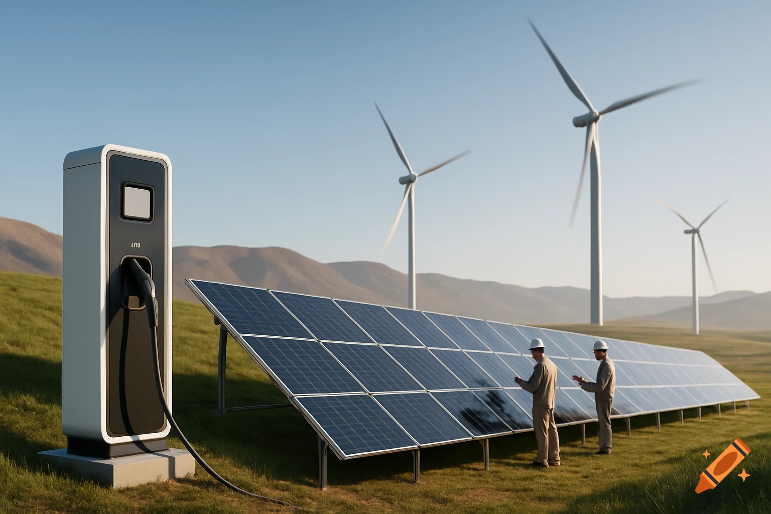 Photorealistic view of an EV charging station, solar panels, and wind turbines with technicians in a green, hilly landscape.