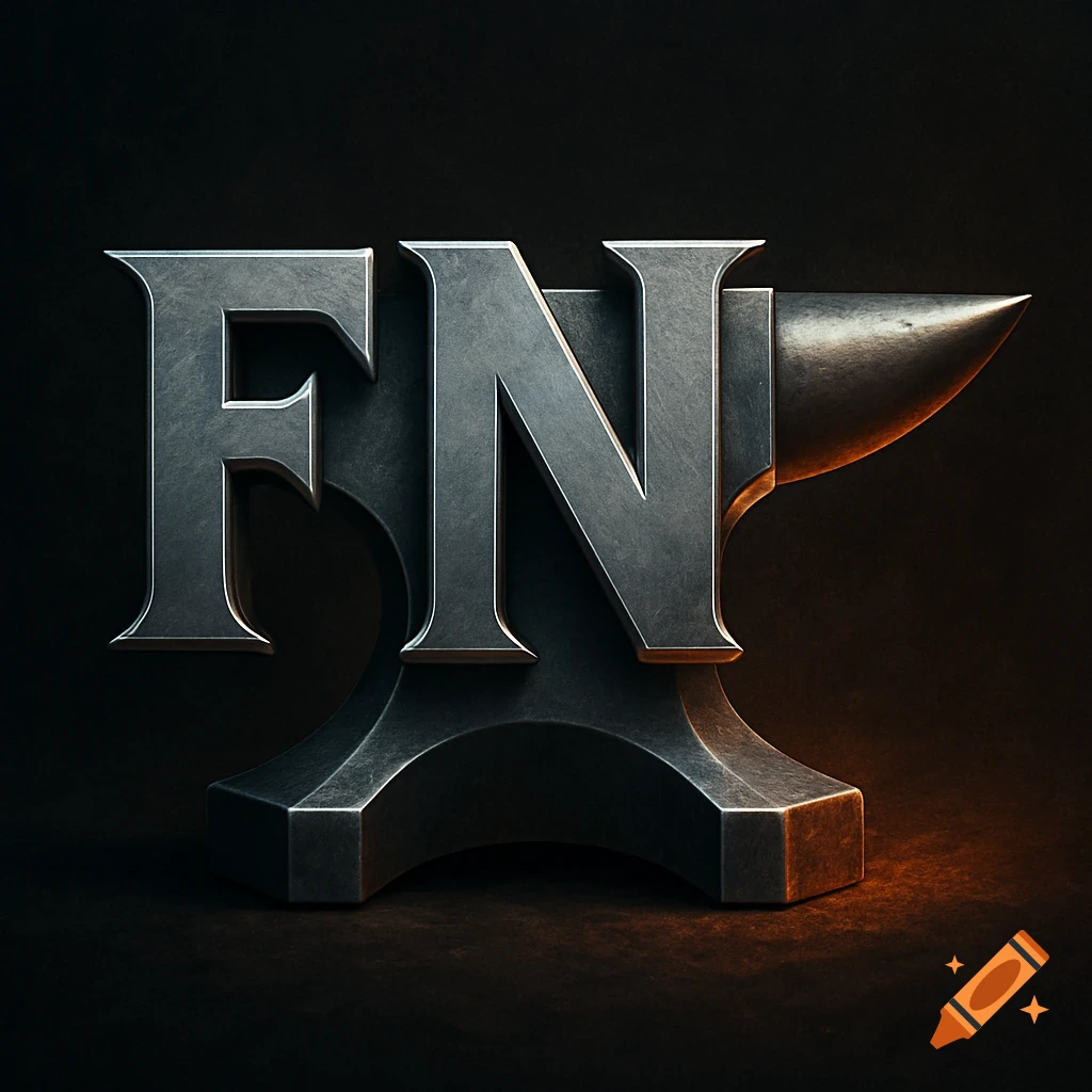 Stylized metallic letters 'FNF' forming the shape of a blacksmith's anvil on a dark background with orange glow.