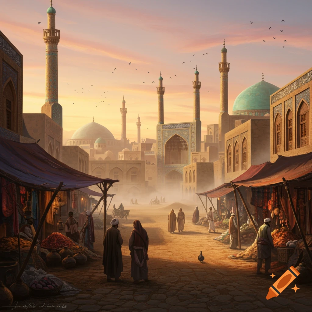 Vibrant market scene in a Middle Eastern city at sunset, with ornate mosques, minarets, and bustling stalls.