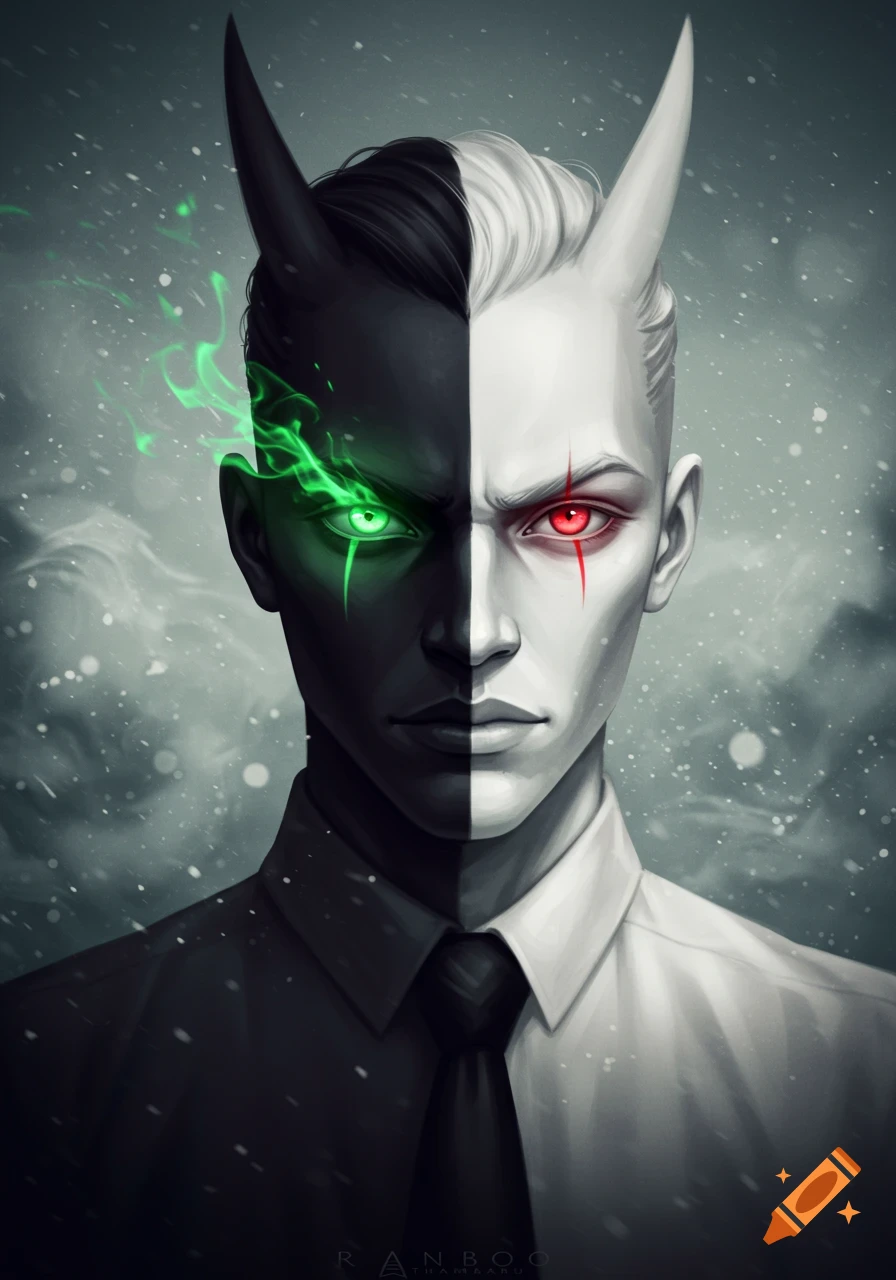 Stylized portrait of a man with a face split vertically: one half dark with a green eye and black horn, the other pale with a red eye and white horn, wearing a suit.