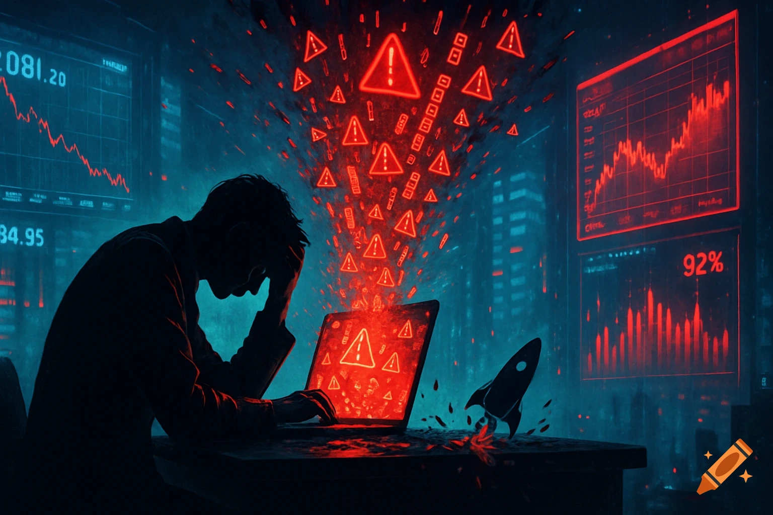 A silhouette of a frustrated person at a desk with an exploding laptop, surrounded by glowing red error icons and data charts, in a dark cyberpunk city.