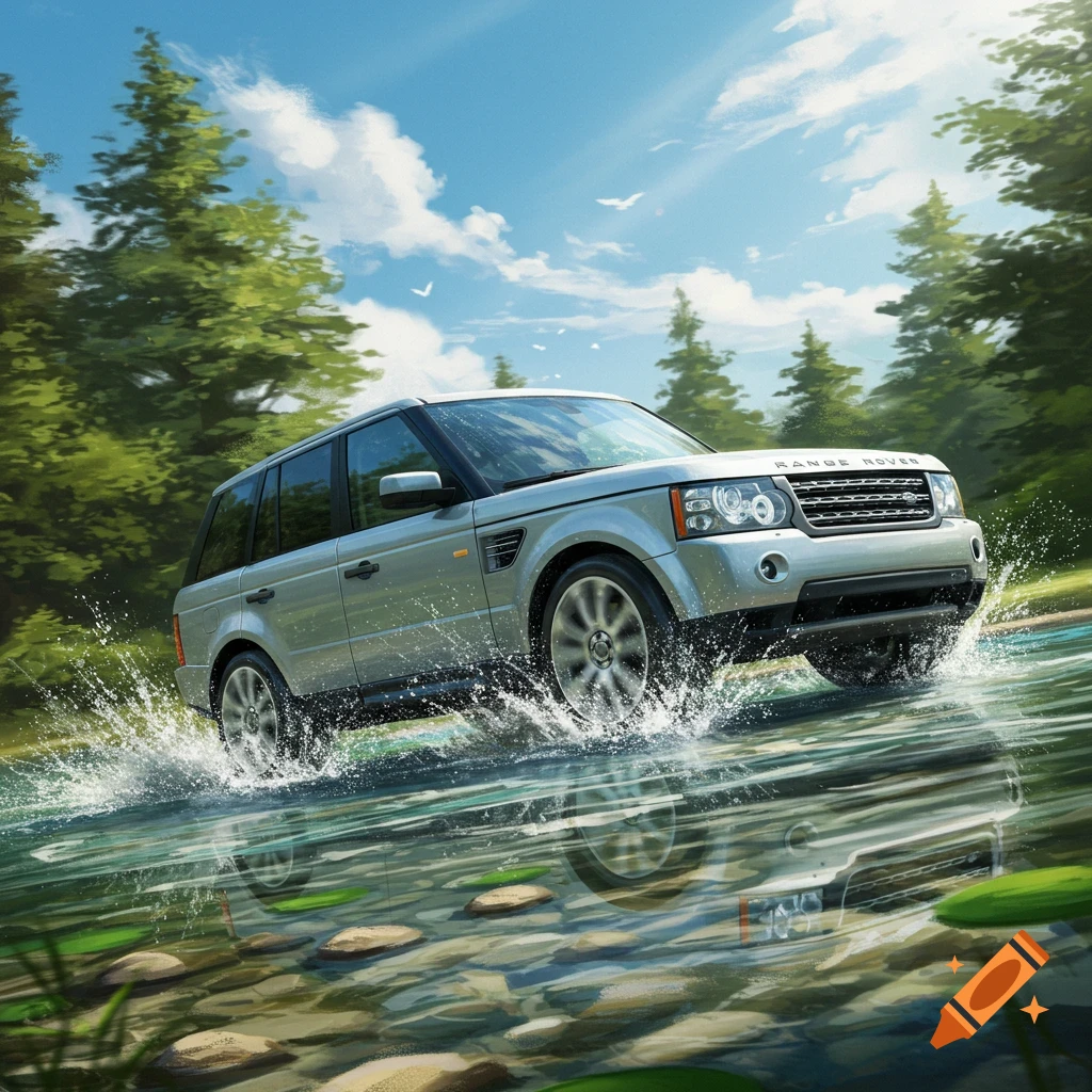An illustrated silver Range Rover SUV drives fast through a shallow ...