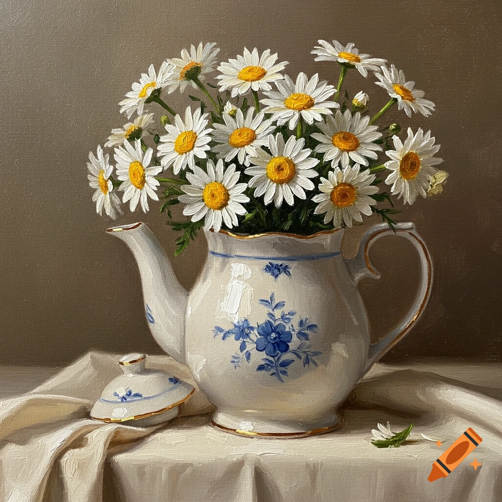 Oil painting of a bouquet of white daisies with yellow centers in a white teapot with blue floral patterns on a white tablecloth.