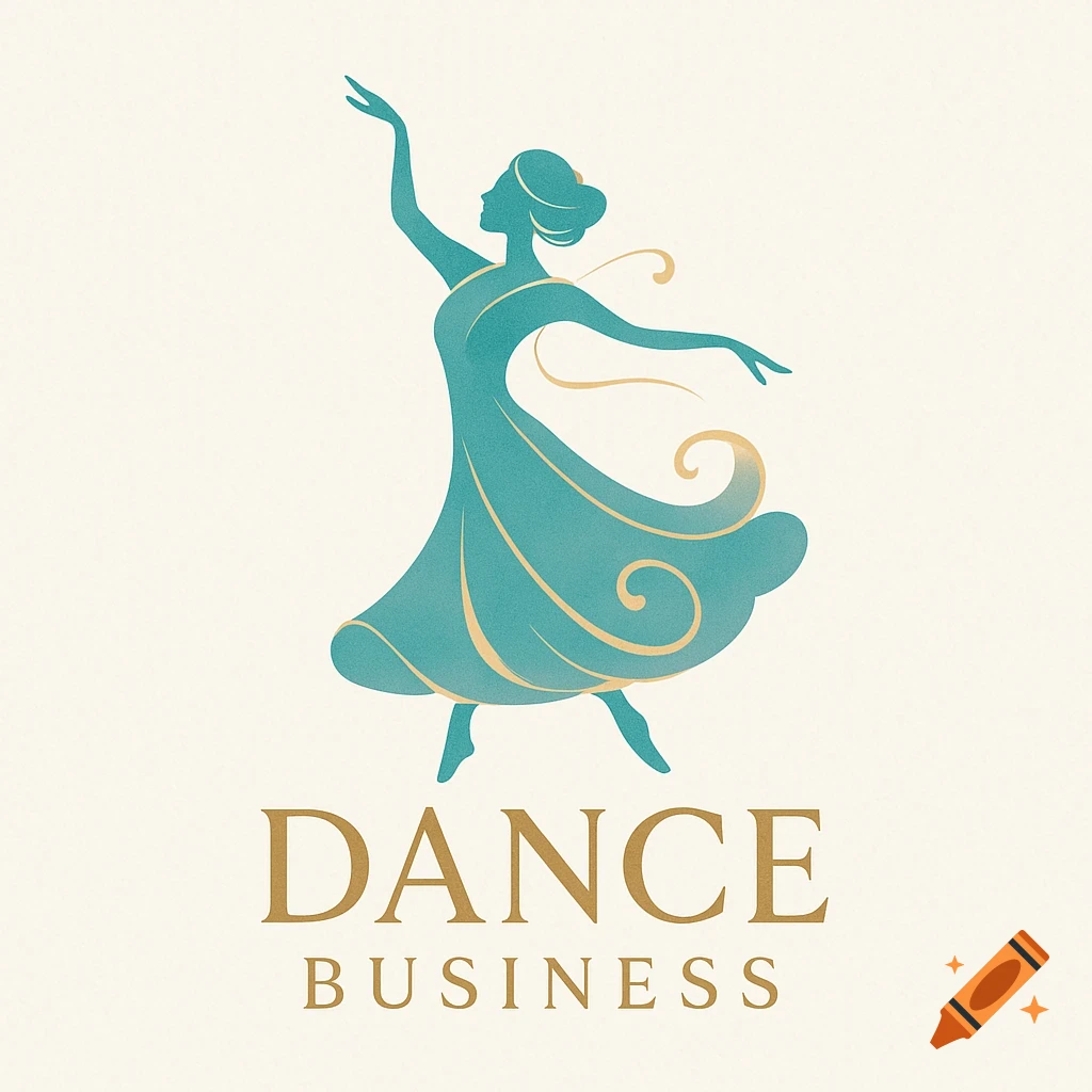 A stylized logo of a turquoise female dancer silhouette with golden accents, above the words 'DANCE BUSINESS' on a cream background.