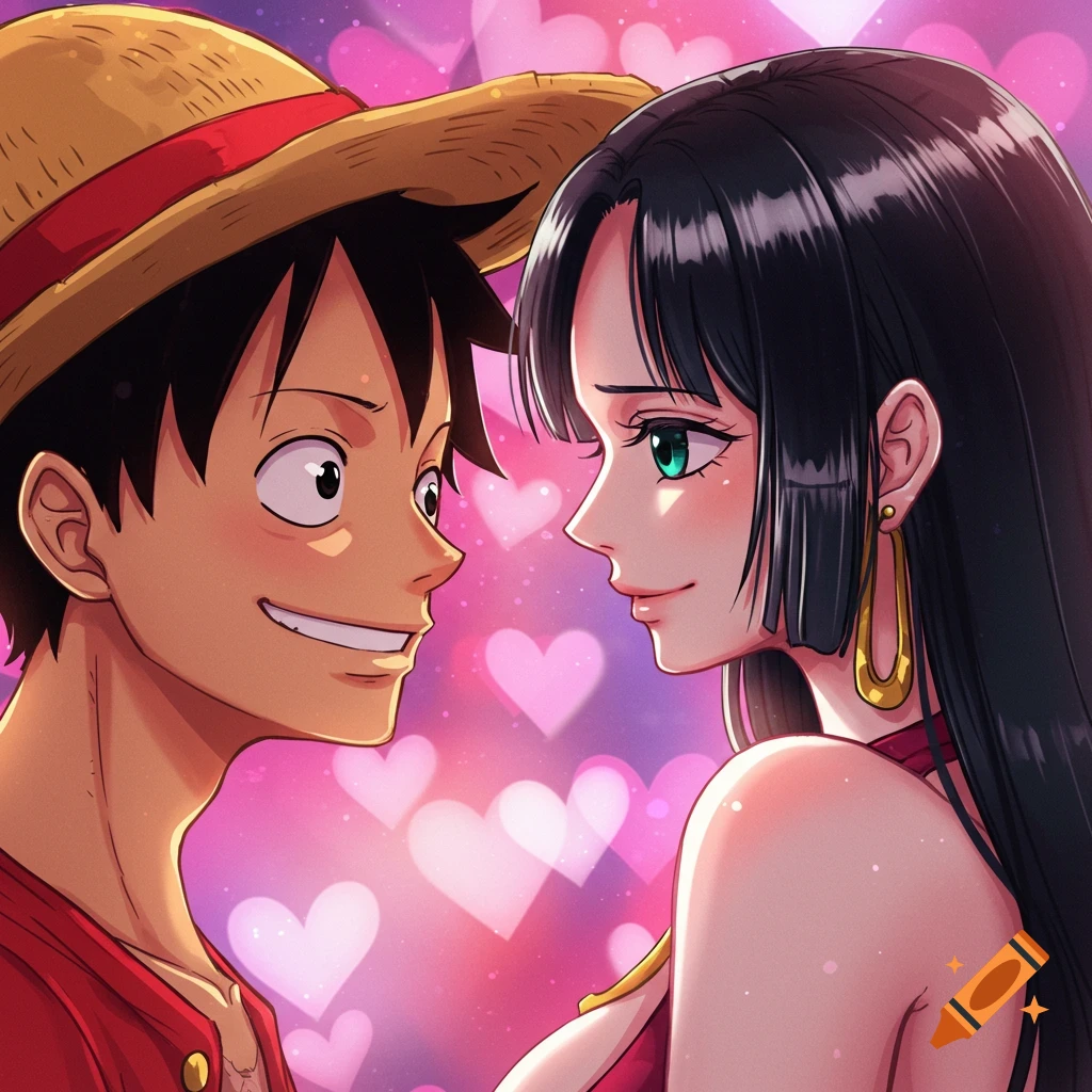 Luffy and Hancock from One Piece looking at each other closely, surrounded by pink hearts in an anime style.