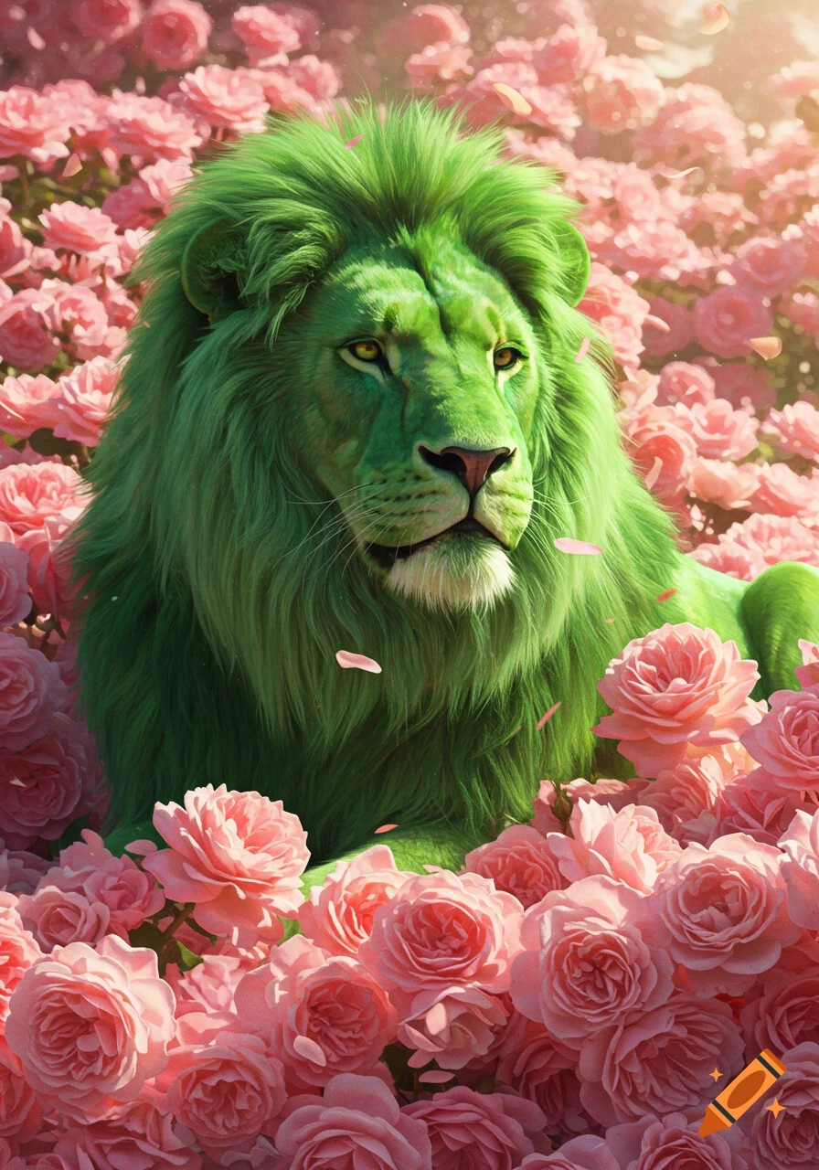 A majestic green lion with a full mane lies surrounded by many pink roses in a vibrant, photorealistic fantasy image.