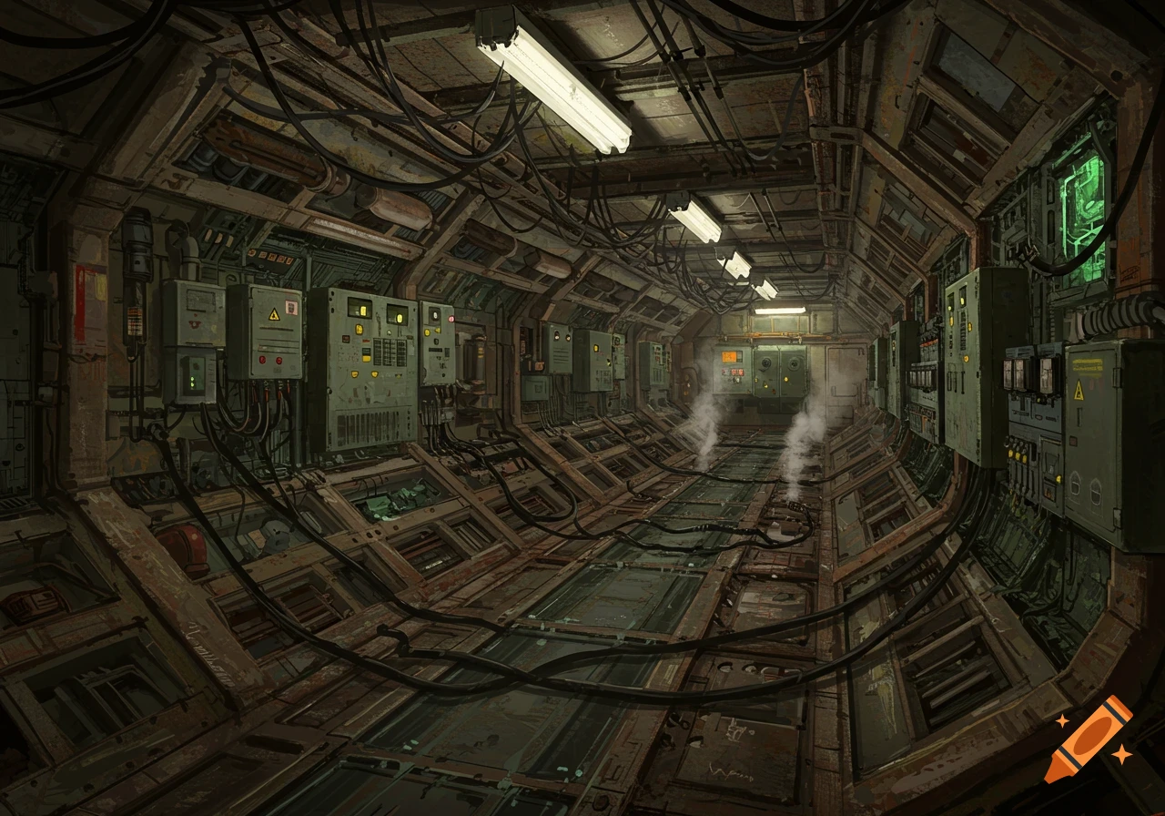 A dark, dilapidated industrial corridor filled with tangled wires, pipes, fuse boxes, and machinery, with steam rising from the floor.