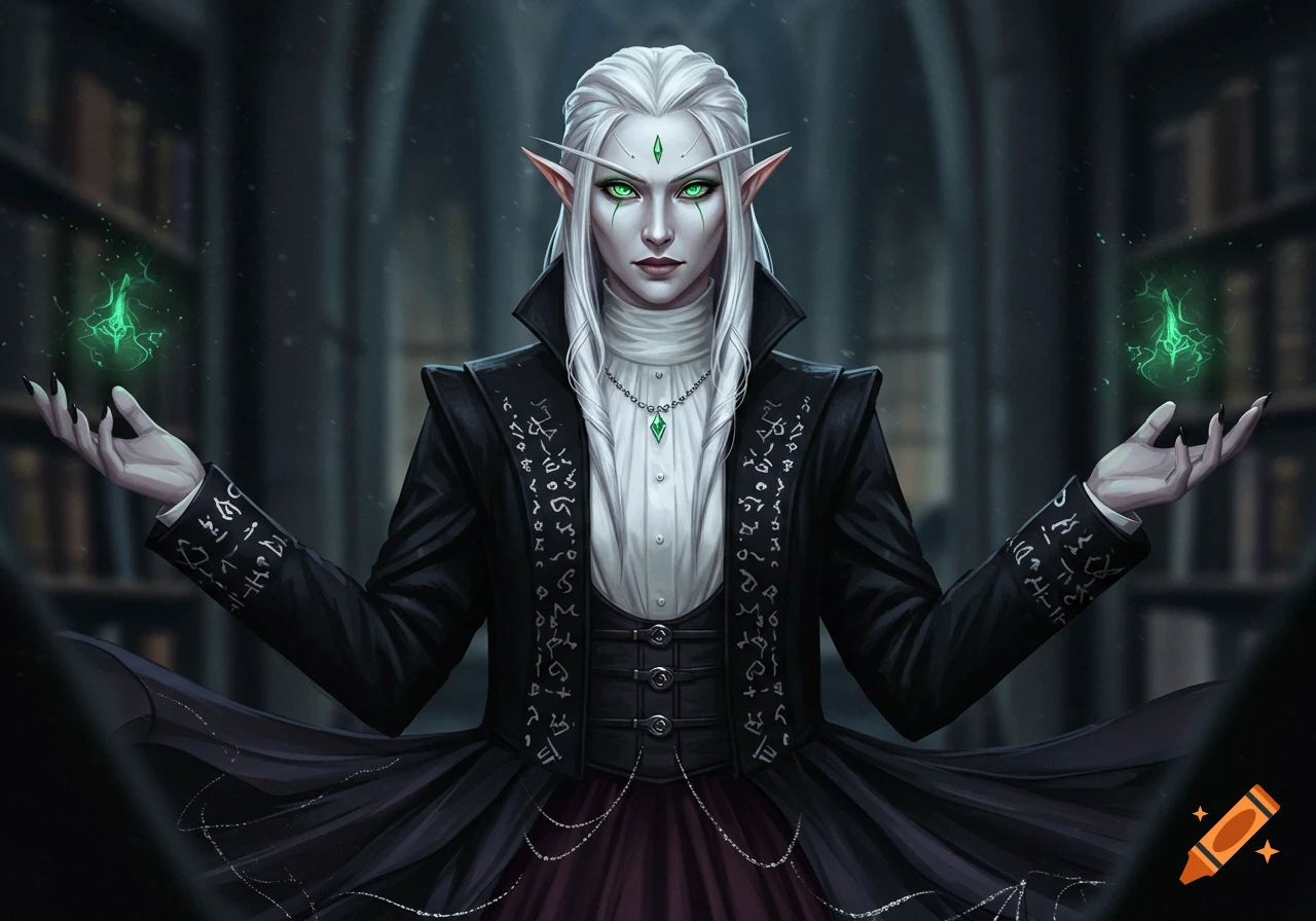 An elegant female elf with white hair, pale skin, and glowing green eyes holds her hands out, manifesting green magical energy. She wears a black coat with mystical symbols over a white shirt, in a dark library setting.