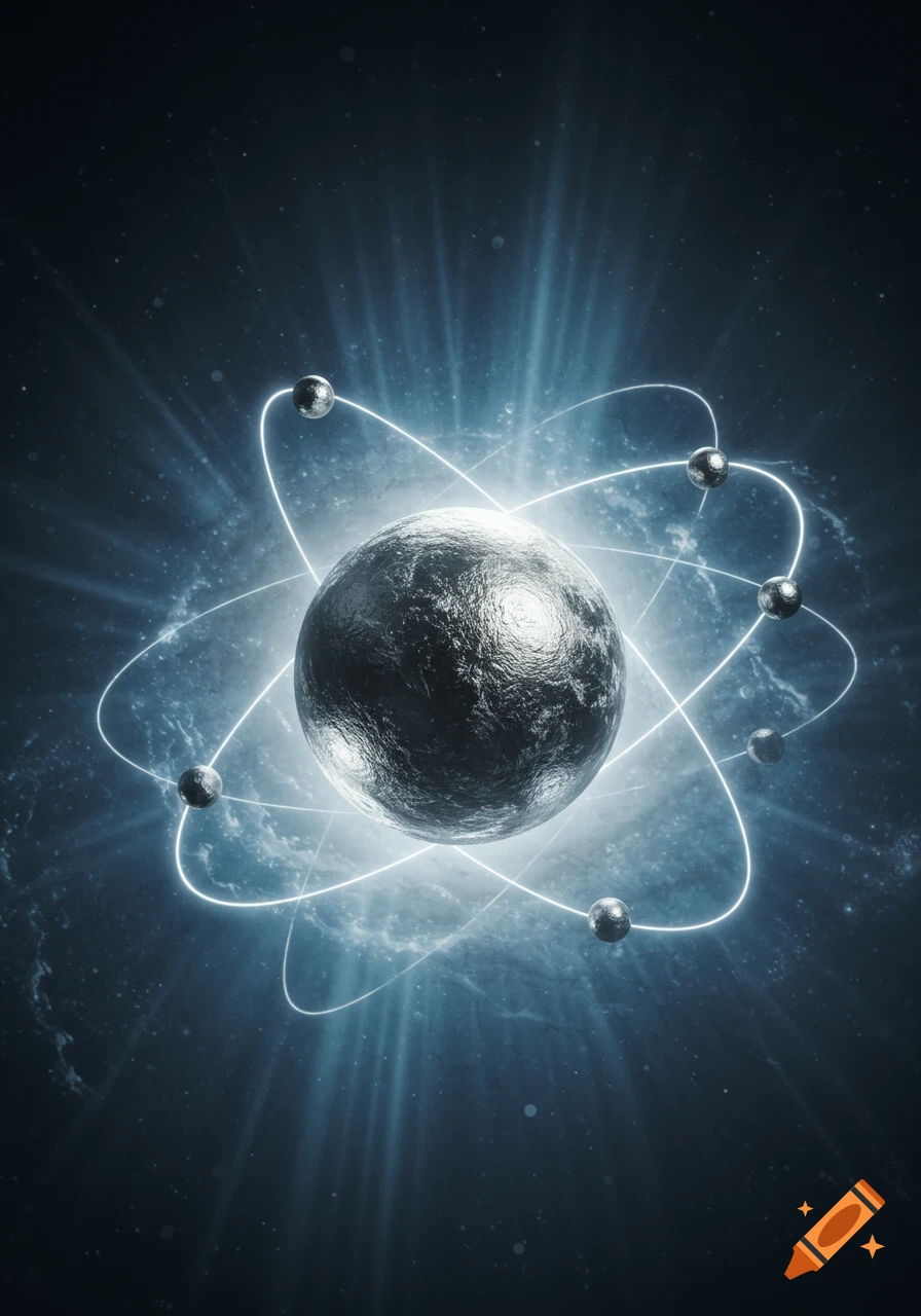 Abstract representation of an atom or element with a central dark sphere and orbiting luminous particles against a cosmic background.