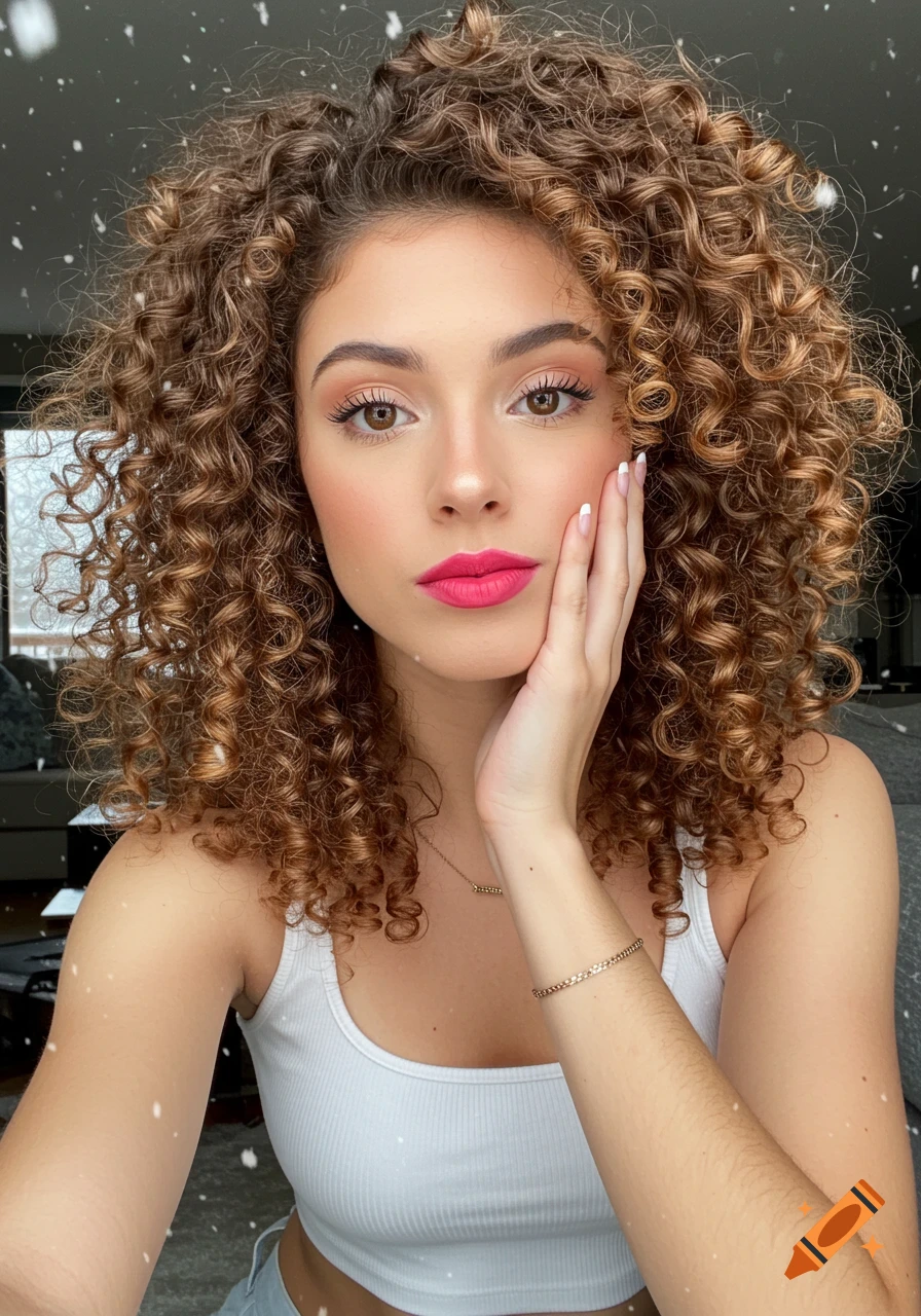 Close-up selfie of a young woman with curly brown hair, pink lipstick, and a white tank top, her hand touching her cheek, with snow visible outside.