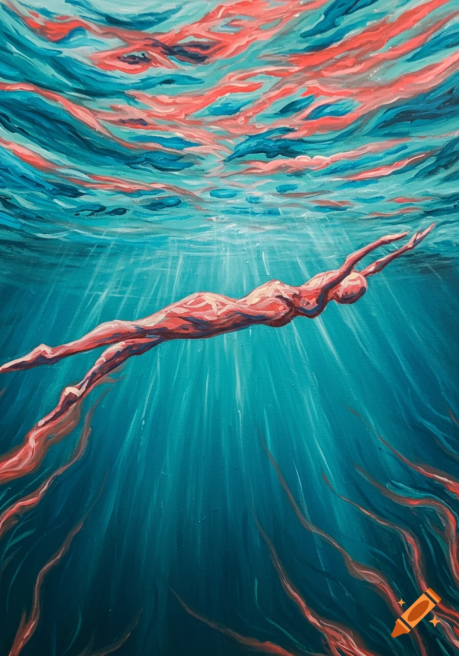 Abstract painting of a person swimming underwater, bathed in light rays with vibrant coral and teal textures.