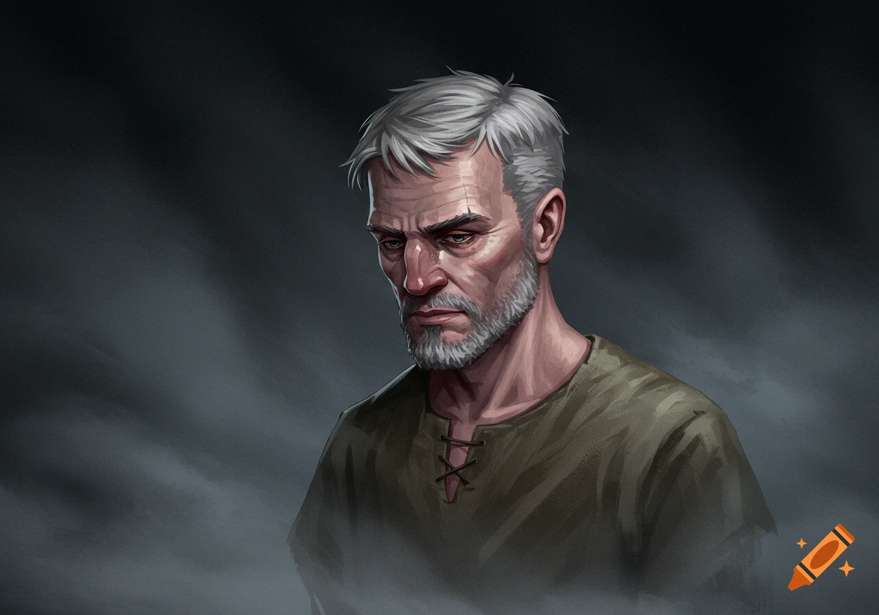 Digital painting of a melancholy man with grey hair and beard, wearing a rustic shirt, against a dark, foggy background.