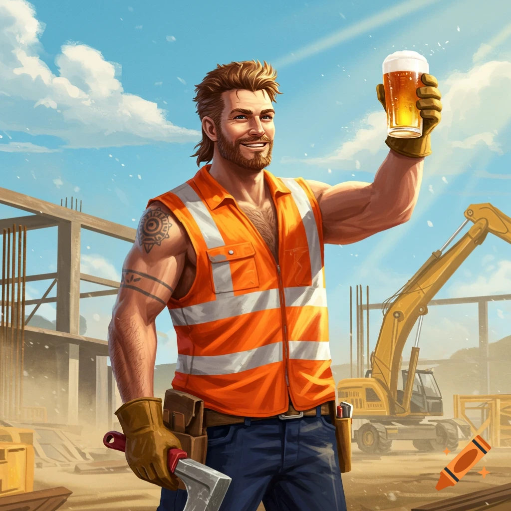 Smiling muscular man in high-vis vest and mullet holding a beer at a sunny construction site, digital art.