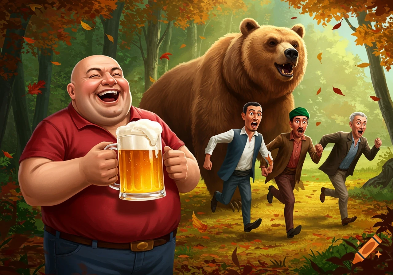 A bald, smiling man holds a beer mug while three men run in fear from a large bear in an autumn forest illustration.