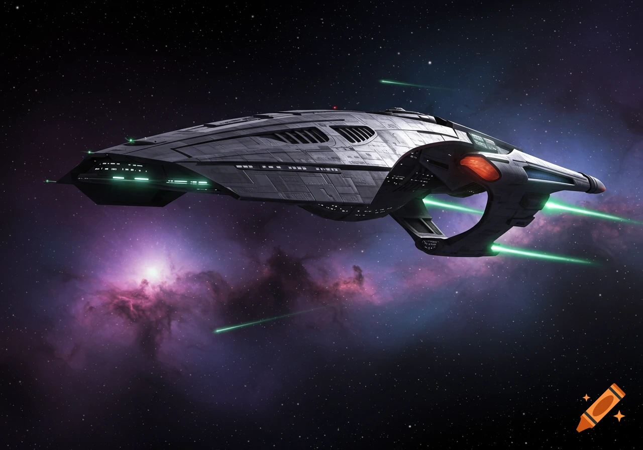 A futuristic grey spaceship with glowing green engine trails flies through space with a vibrant purple nebula behind it.