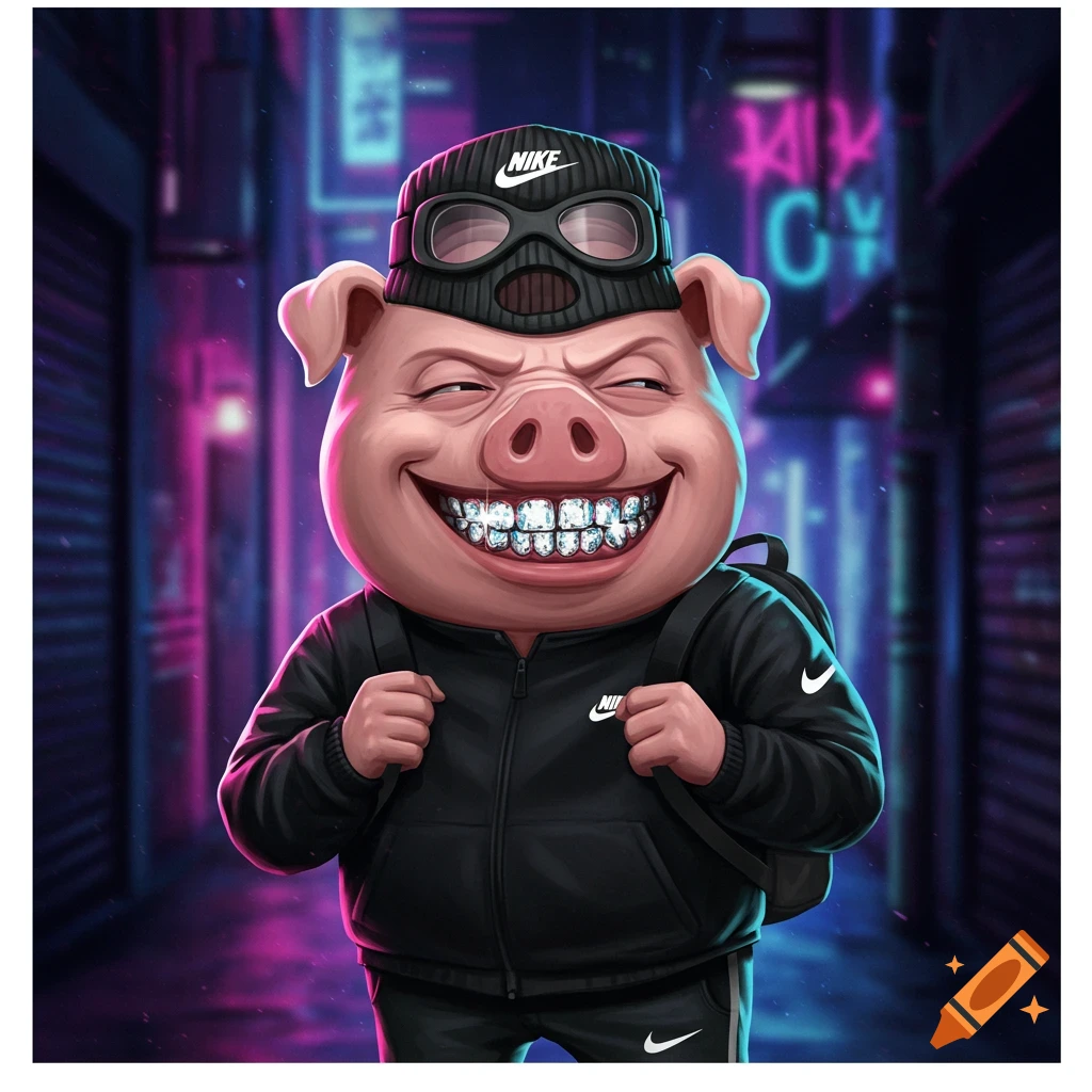 Cartoon pig with diamond grillz, wearing a black Nike tracksuit, ski mask, and backpack, smiling in a neon-lit city alley.