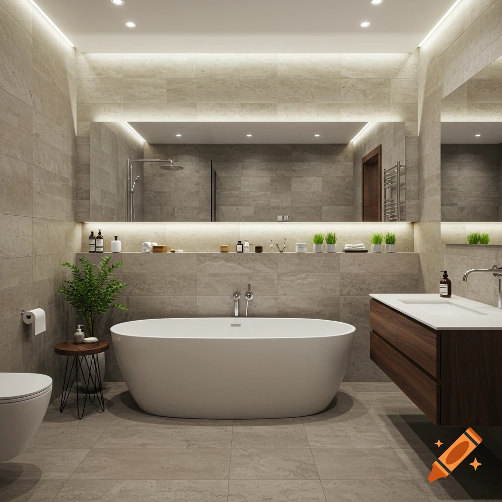 A modern, minimalist bathroom featuring a white freestanding bathtub, a floating dark wood vanity, and neutral-toned tiles.