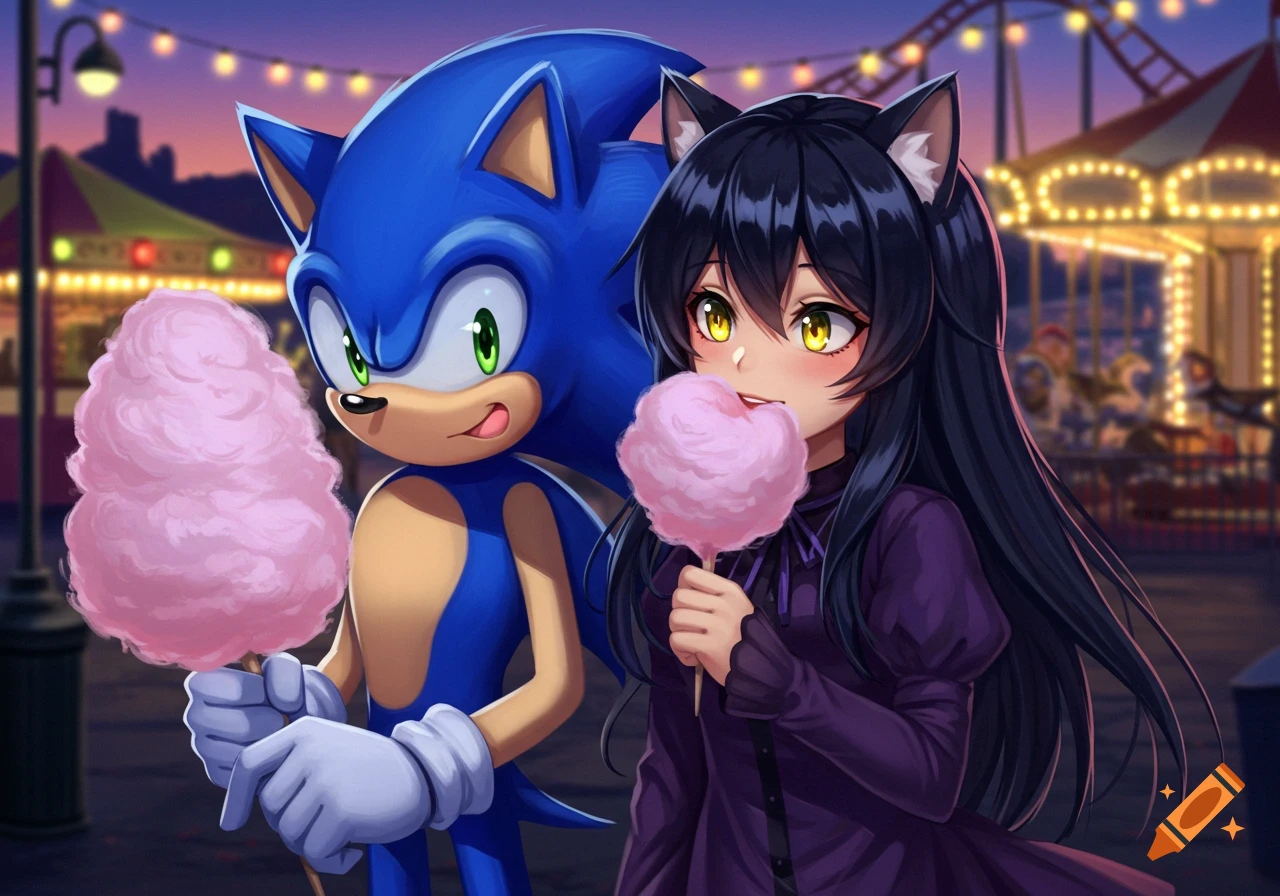 Sonic and an anime girl with black hair and yellow eyes eat pink cotton candy at a lively carnival at dusk, in a vibrant anime style.