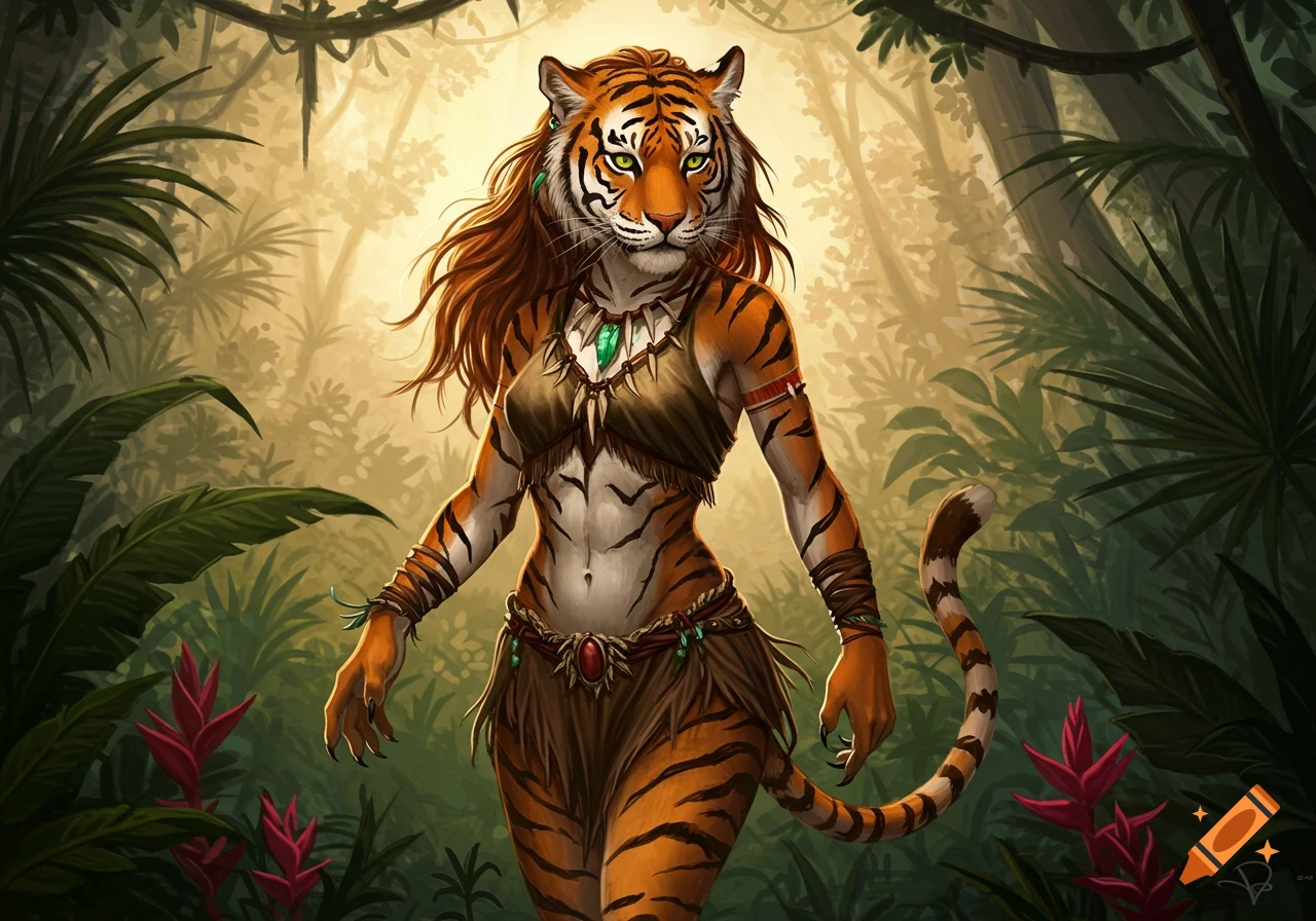 A fierce anthropomorphic tiger woman with flowing red hair and tribal attire stands in a lush, sunlit jungle, digital illustration.
