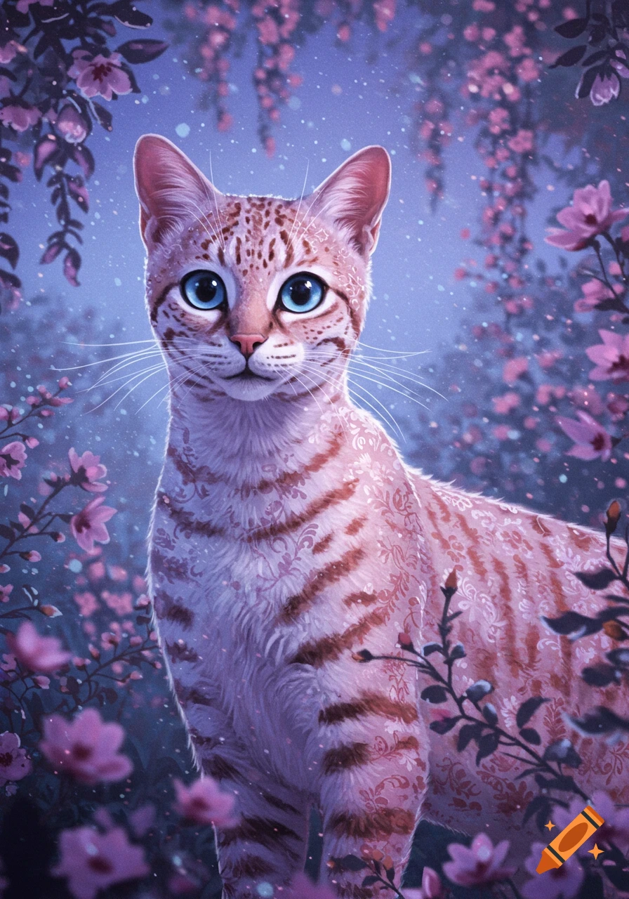 A stylized cat with blue eyes and light brown, patterned fur sits among pink and purple blossoms in a dreamy, artistic setting.
