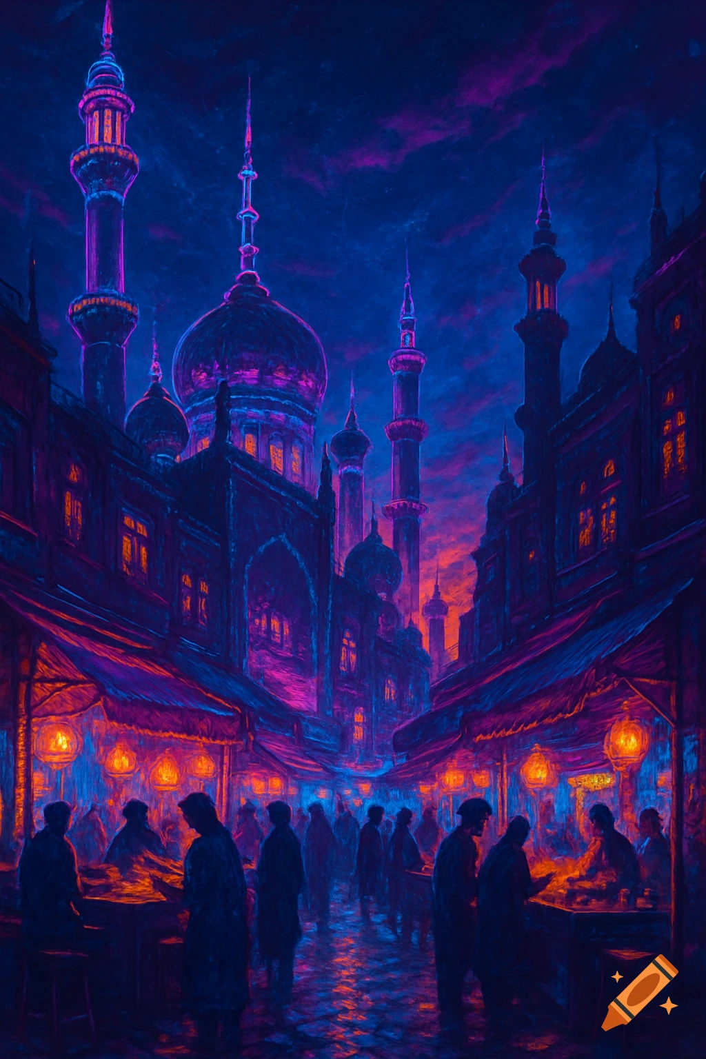 A vibrant, stylized painting of a neon-lit night market with silhouetted figures, glowing lanterns, and fantastical architecture under a purple-blue sky.