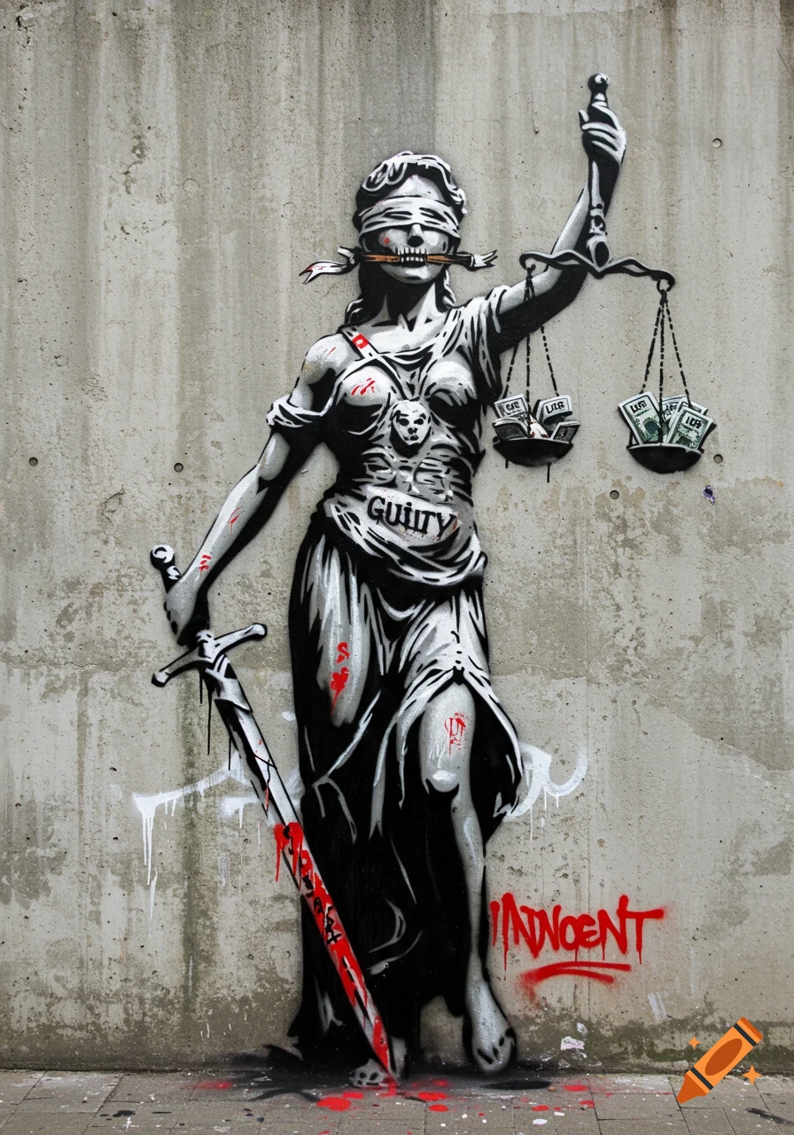 A black-and-white Banksy-style stencil of Lady Justice on a concrete wall. She has a gagged blindfold, a skull mouth, and scales with money on one side, unreadable text on the other. Text reads 'GUILTY' and 'INNOCENT', with a red-dripping sword.