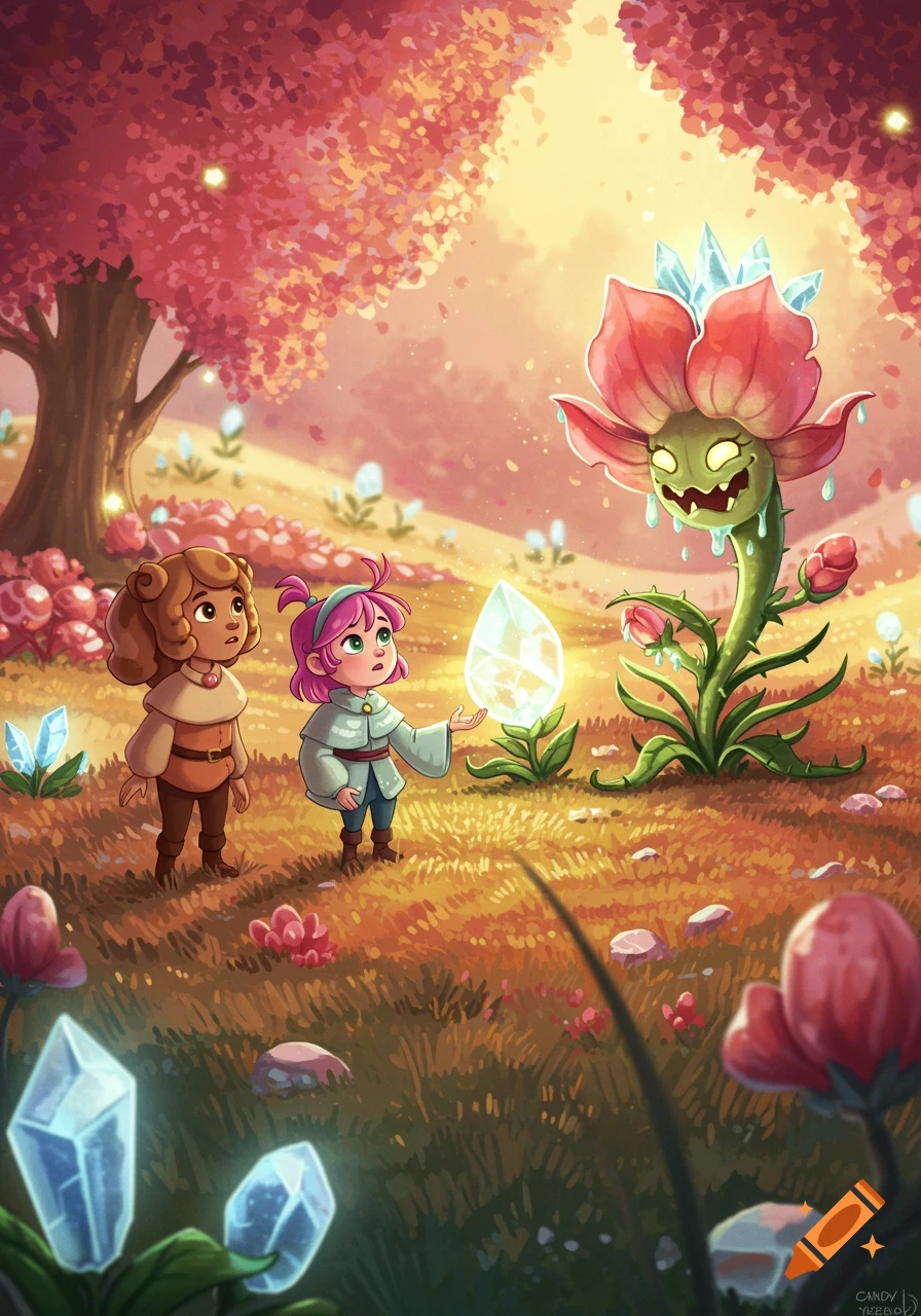 Two cartoon children look at a glowing crystal and a drooling plant monster in a vibrant fantasy forest.