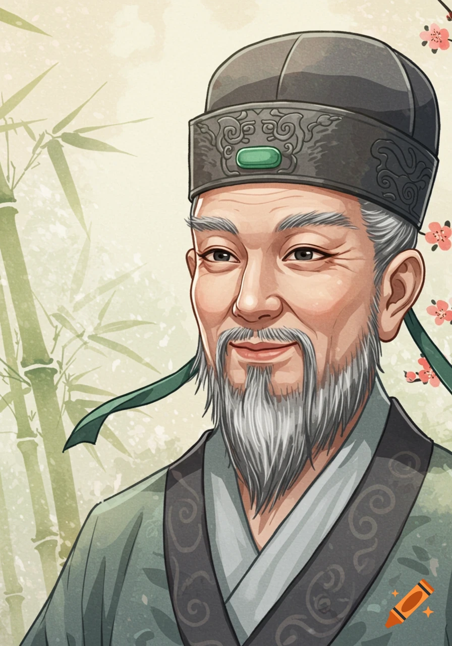 Cartoon portrait of an older Chinese man with a grey beard and traditional hat, with bamboo and cherry blossoms.