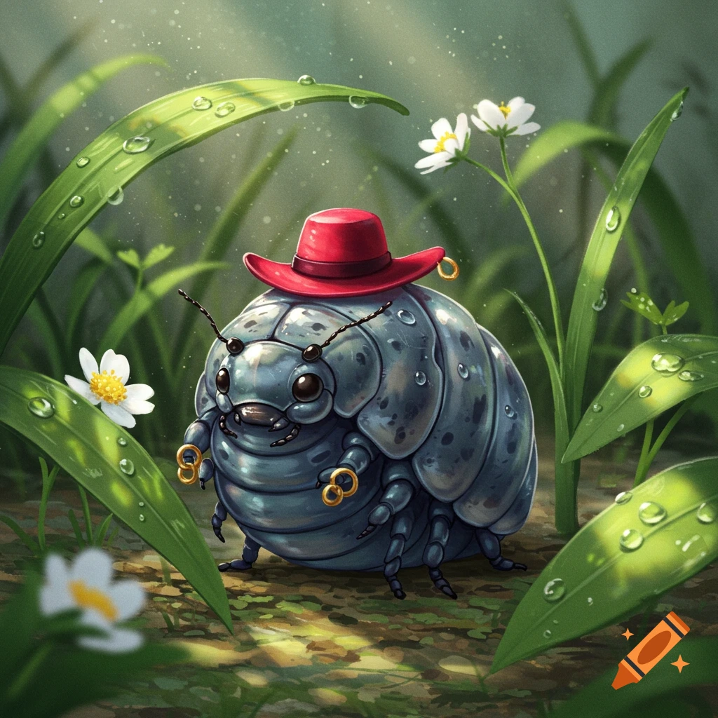 A cute, stylized roly poly bug wearing a red hat and gold hoop earrings stands in dewy grass among white flowers.