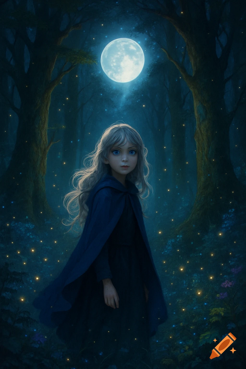 Fantasy art of a young girl in a blue cloak, with long grey hair, in a magical forest under a full moon and glowing fireflies.