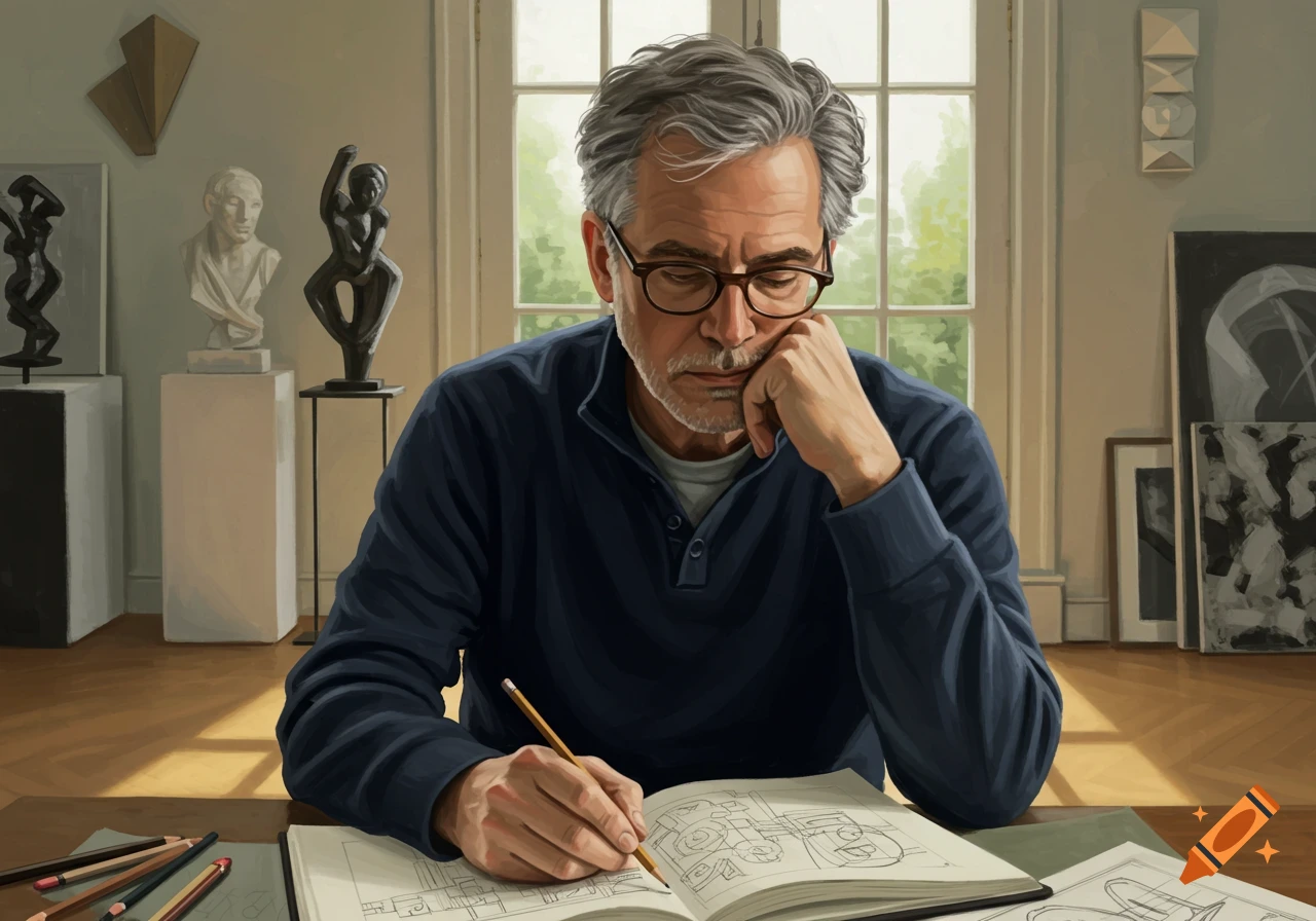 A man with grey hair and glasses drawing in a sketchbook at a table, surrounded by sculptures and framed art in a studio.
