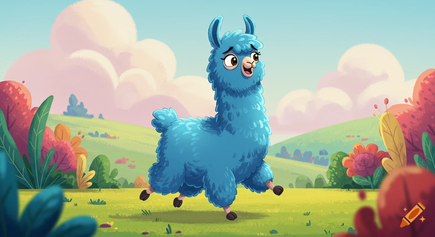 A vibrant animated cartoon shows a fluffy blue llama running through a colorful, stylized meadow.