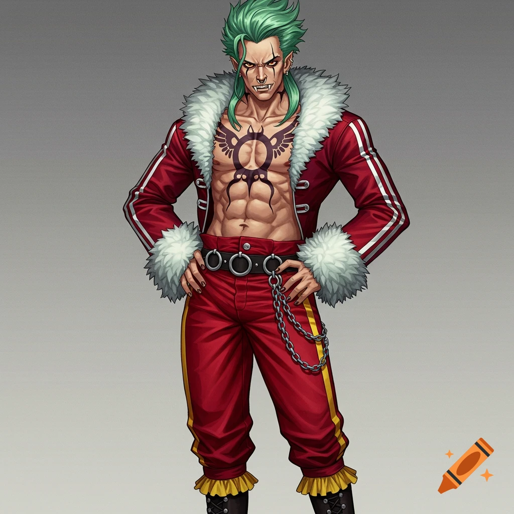 Anime-style character with green hair, fangs, piercings, a red fur-collared jacket, and a chest tattoo, standing with hands on hips.