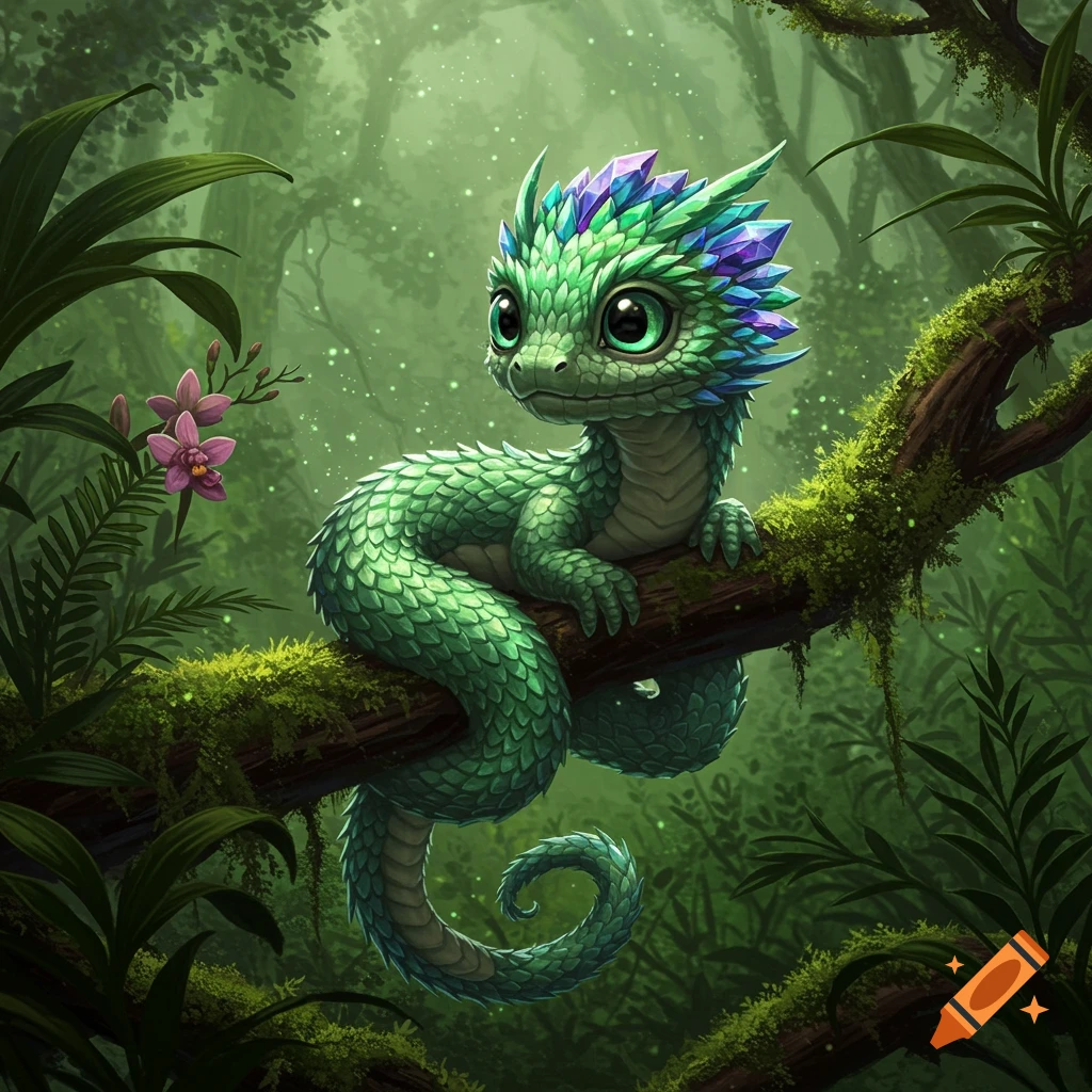 A cute green baby dragon with large eyes and crystal scales sits on a mossy branch in a magical forest.