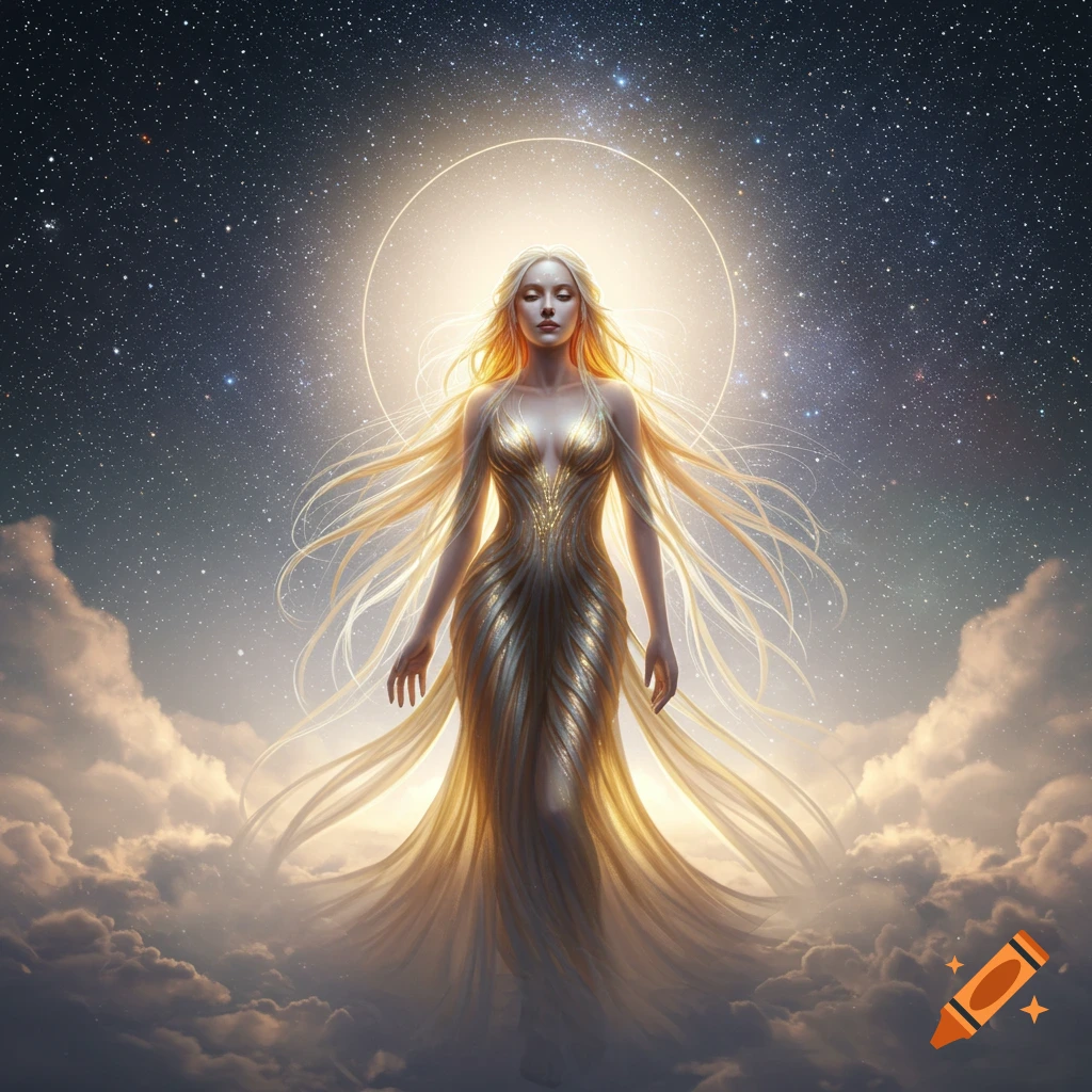 A luminous goddess with long blonde hair and a golden, shimmering dress stands on clouds beneath a starry sky, encircled by a glowing halo.