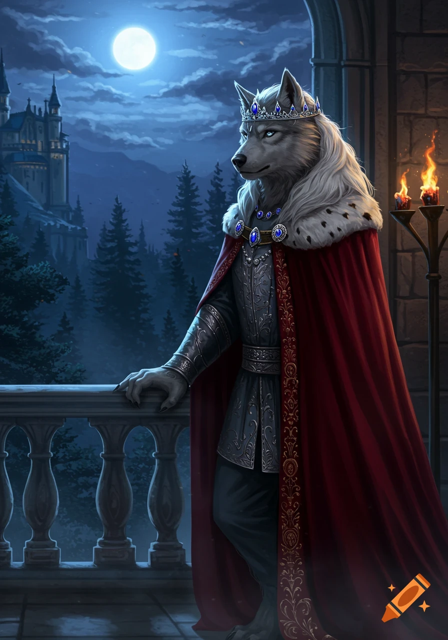 A majestic gray-furred werewolf king with a crown and royal red cape stands on a castle balcony at night, overlooking a distant castle under a full moon.