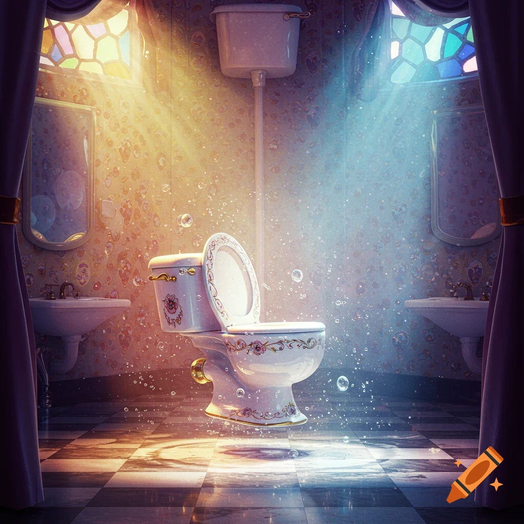 A decorative white toilet floats amidst bubbles in a luxurious bathroom with stained-glass windows, dramatic light rays, and patterned wallpaper.