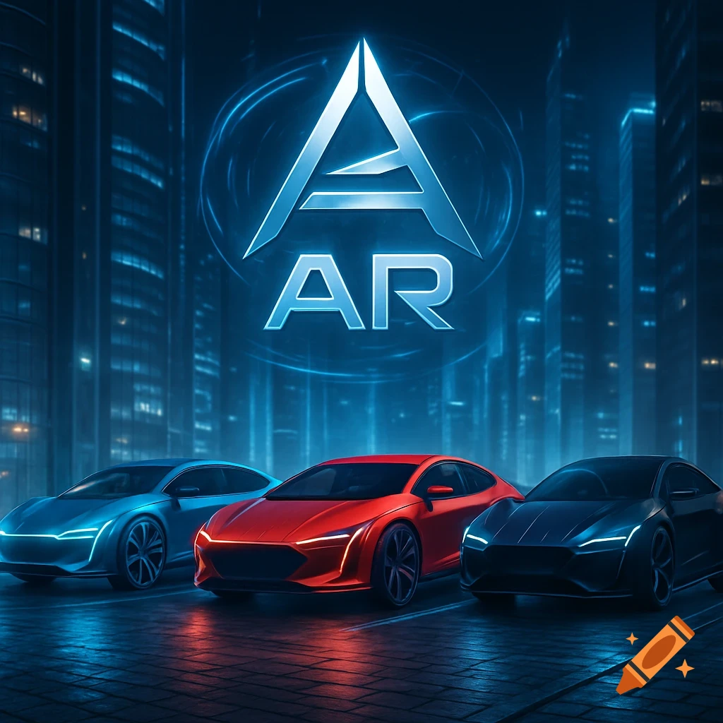 Three futuristic cars, blue, red, and dark, on a wet city street at night, with a glowing 'AR' logo above against a backdrop of skyscrapers.