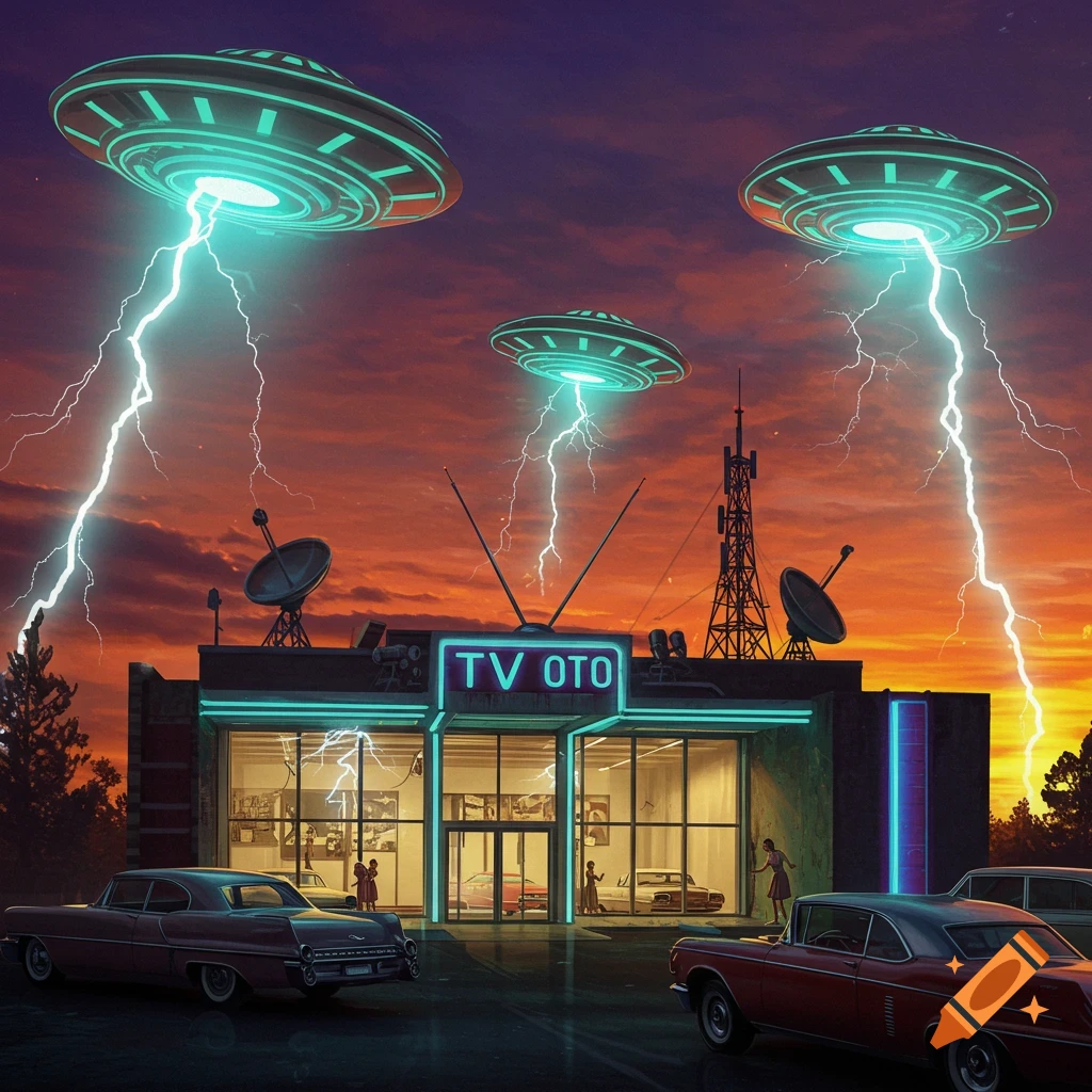 Retrofuturistic scene of three flying saucers attacking a TV station with lightning, vintage cars parked outside.