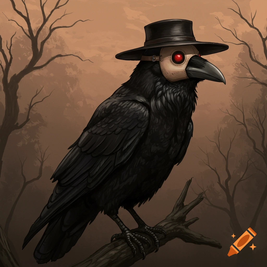 A black raven with red eyes wearing a plague doctor's mask and hat, perched on a branch in a dark, barren forest.