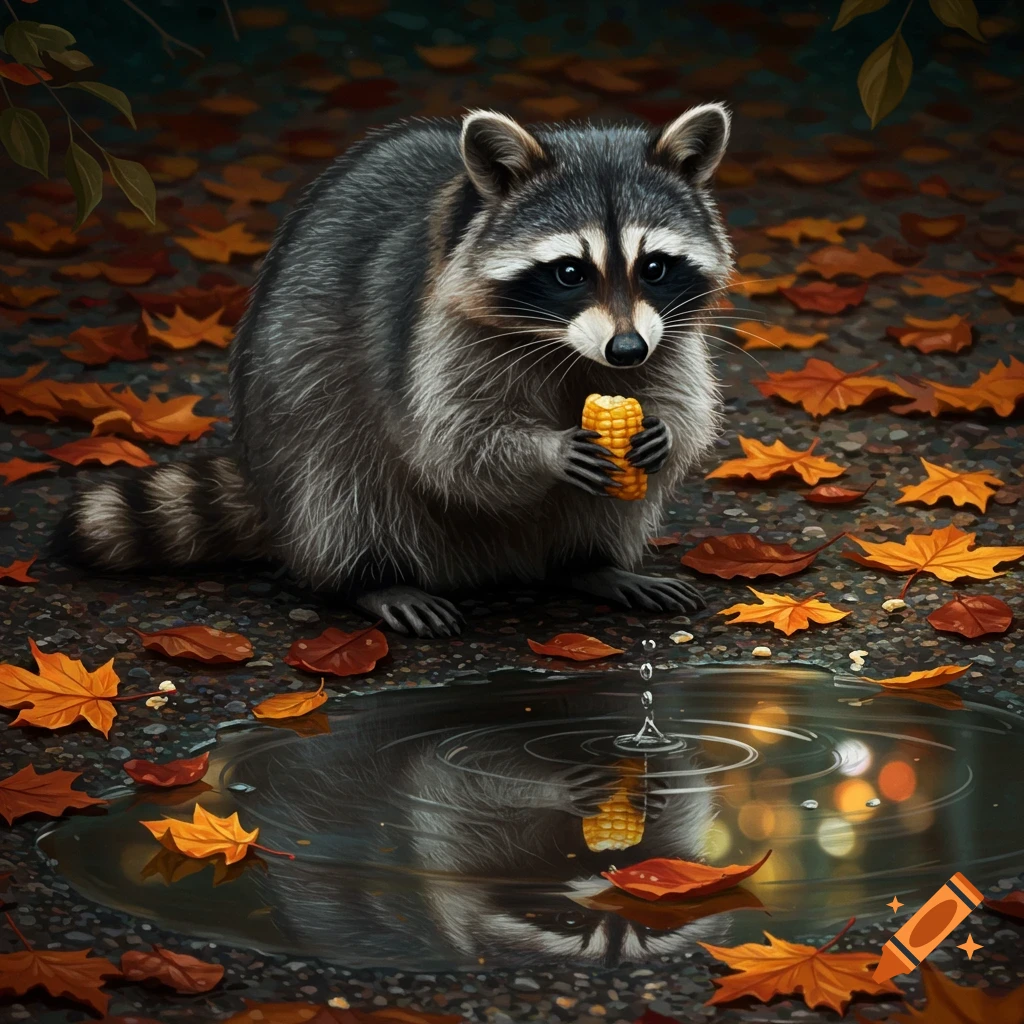 A fluffy raccoon holds an ear of corn by a puddle, surrounded by colorful autumn leaves. A raindrop splashes into the water.