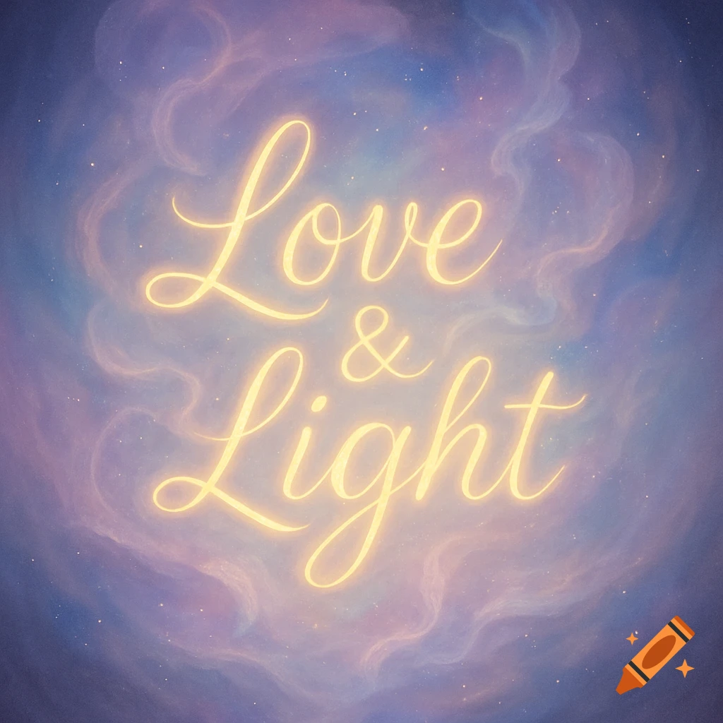 Glowing 'Love & Light' script over a dreamy purple and blue cosmic nebula.