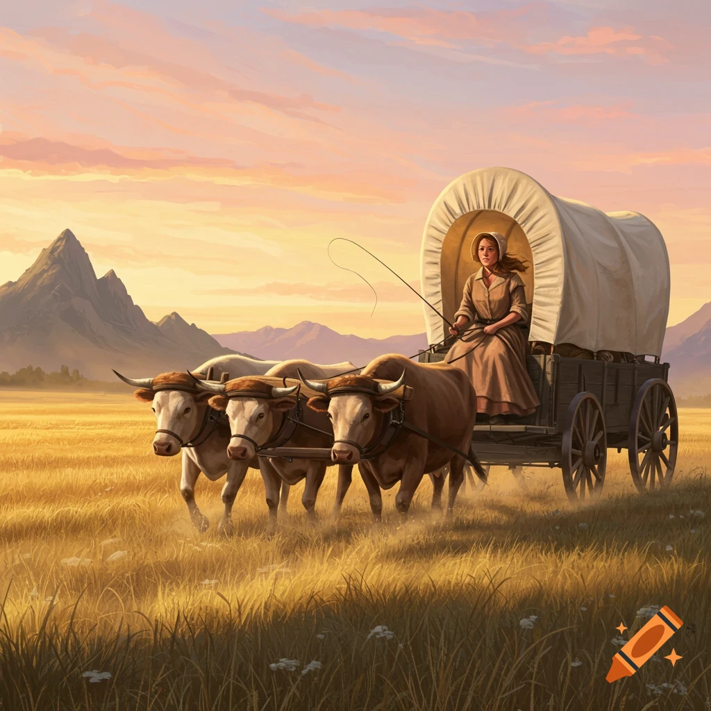 A pioneer woman drives a covered wagon pulled by three oxen through a golden field at sunset with mountains in the background.