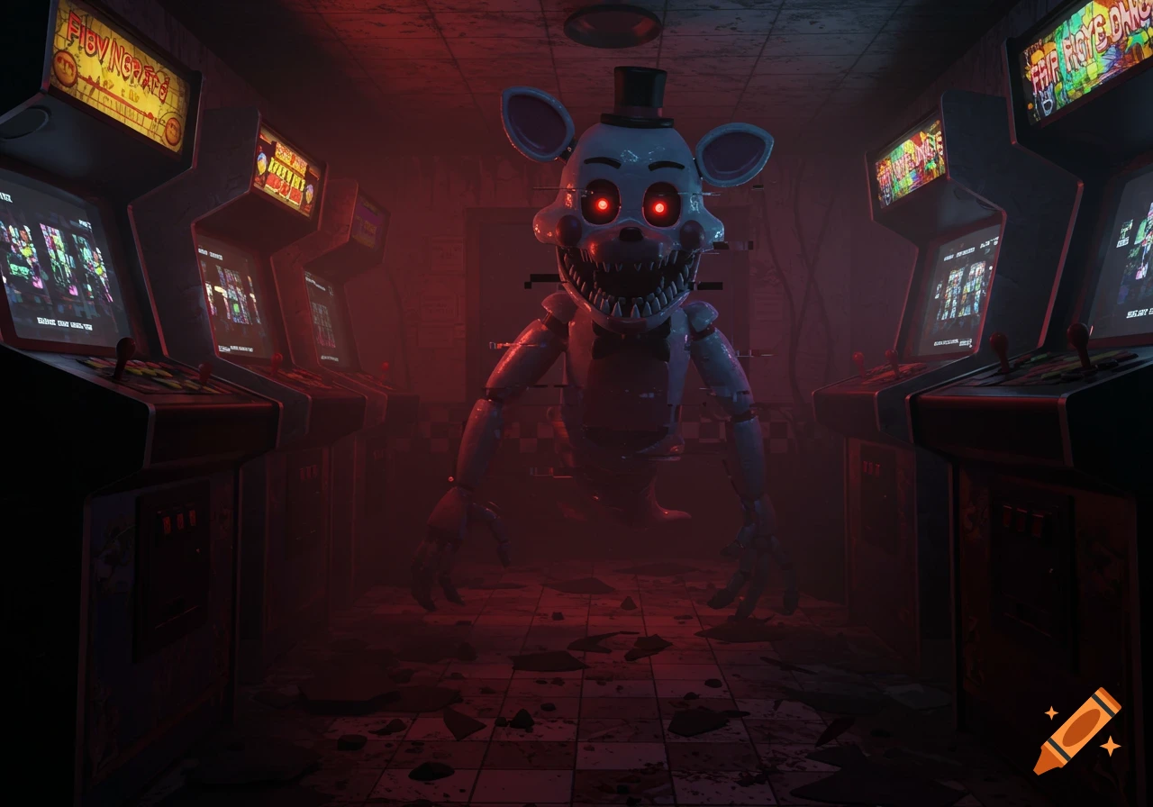 A creepy, white, animatronic-like creature with glowing red eyes and sharp teeth stands in a dark, ruined arcade with broken arcade machines.