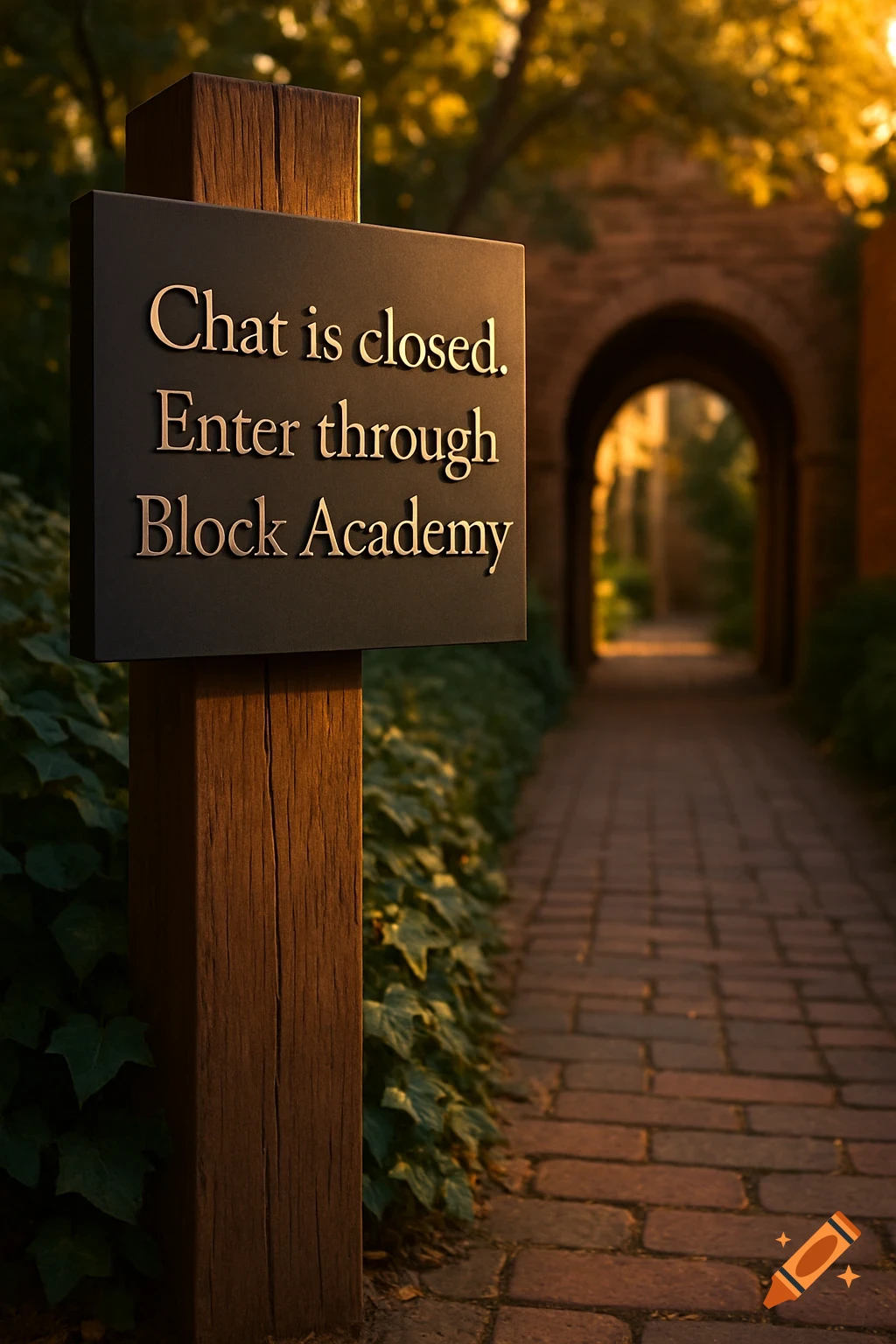 Photorealistic image of a sign reading 'Chat is closed. Enter through Block Academy' on a wooden post next to a brick path leading to an archway.