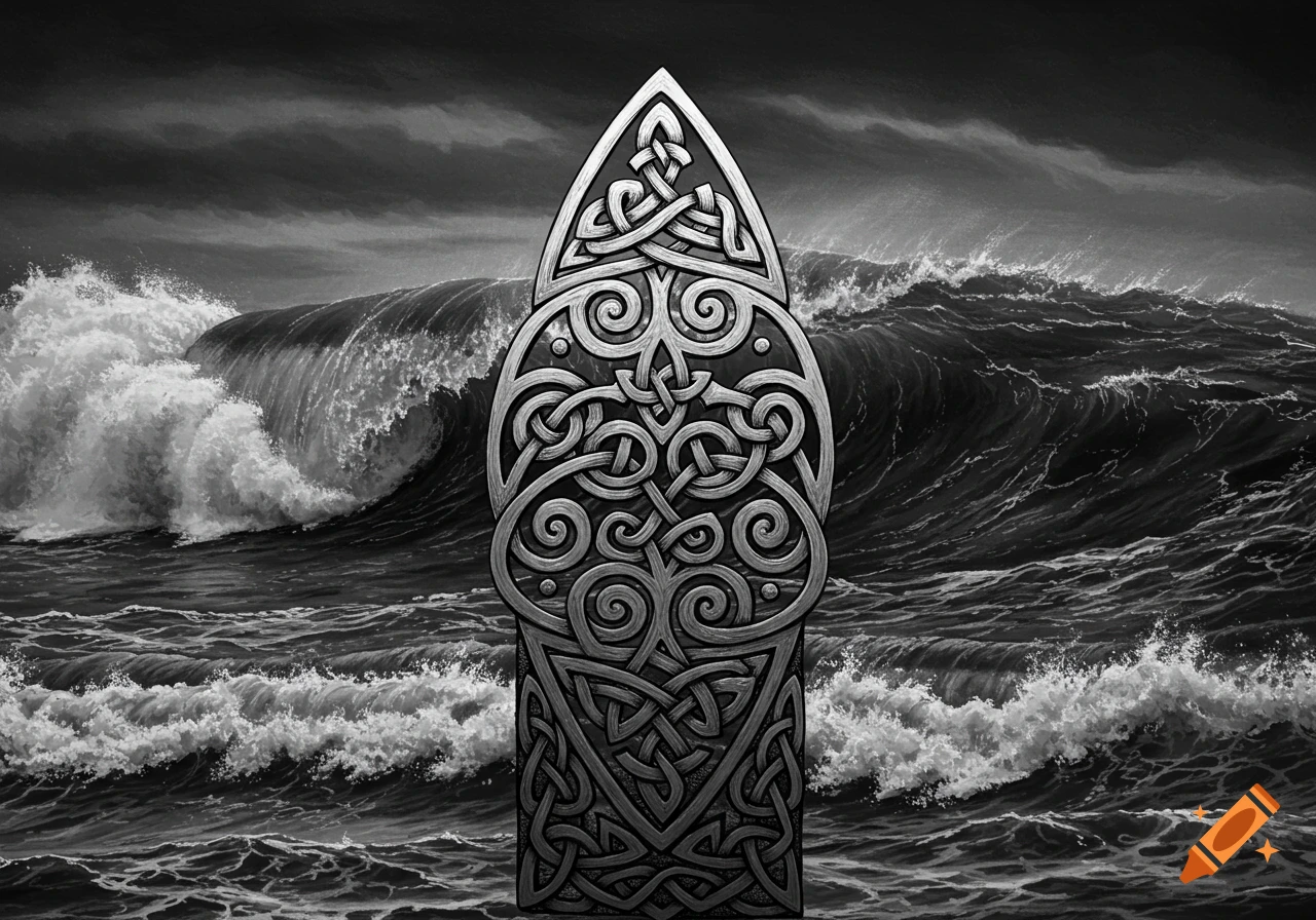 Black and white image of an ornate Celtic knot design resembling a standing stone, set against a stormy sea with large waves.