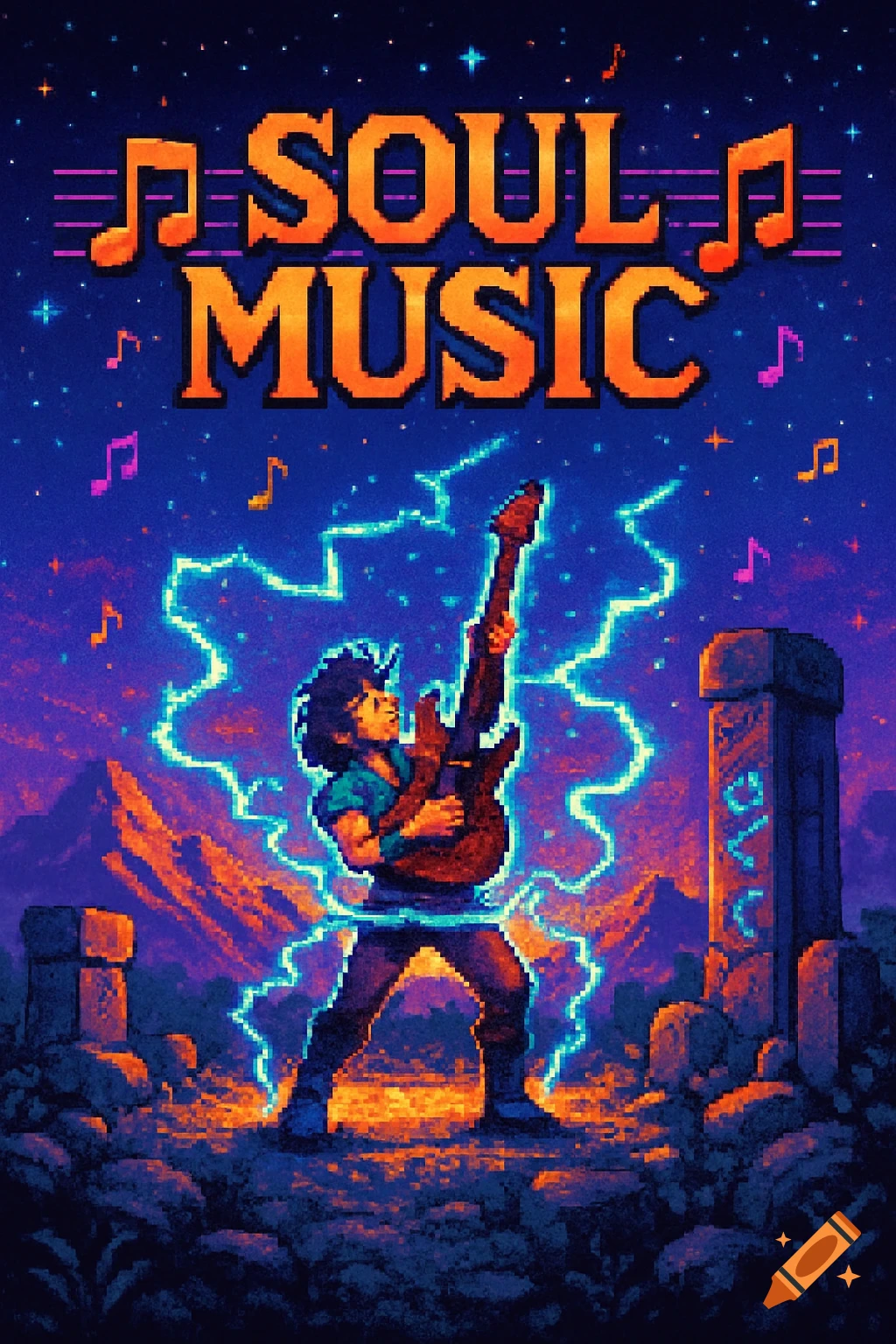 Pixel art of an electric guitarist playing amidst lightning under a starry night sky with ancient structures. The title "SOUL MUSIC" is at the top.