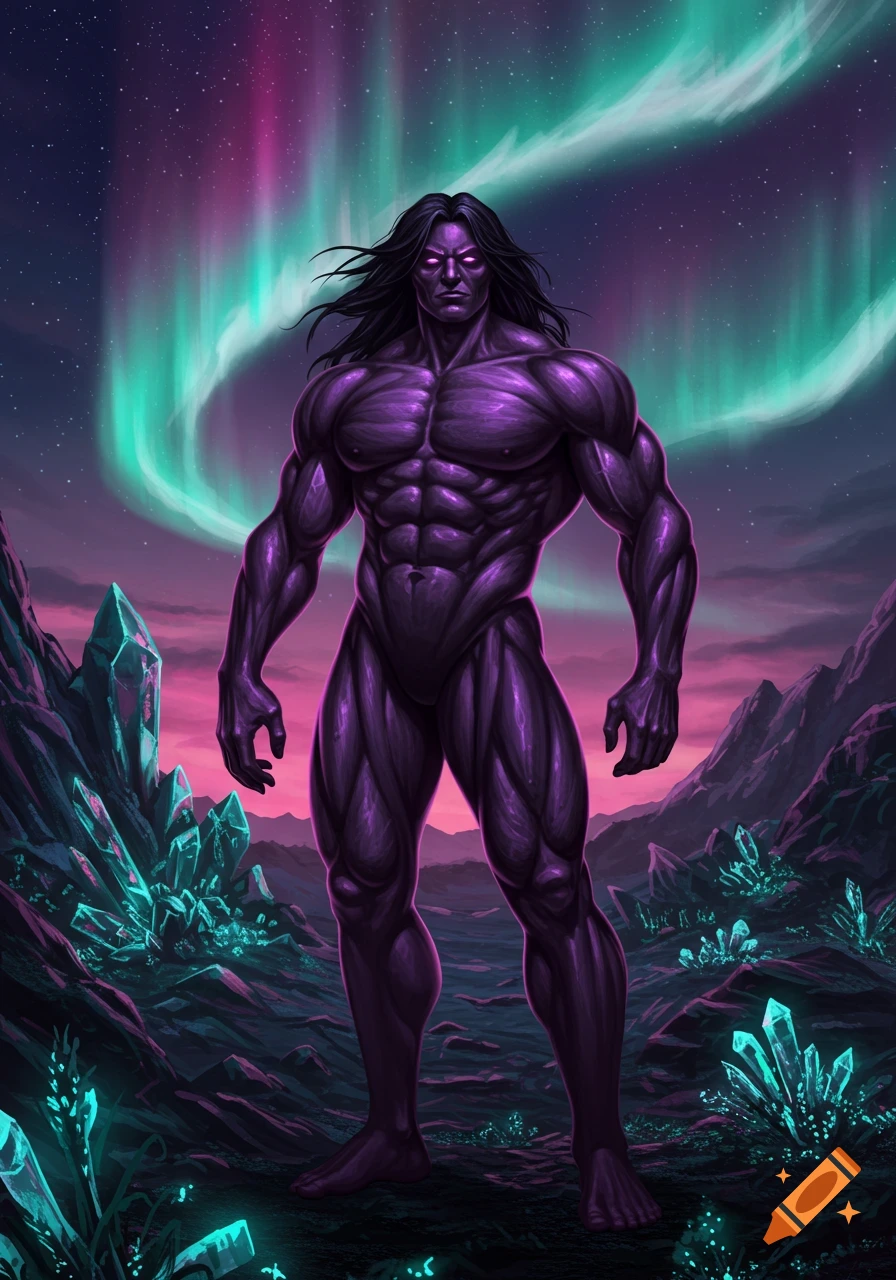 A tall, muscular, purple-skinned man with long black hair stands in a neon-lit fantasy landscape with glowing crystals and an aurora.